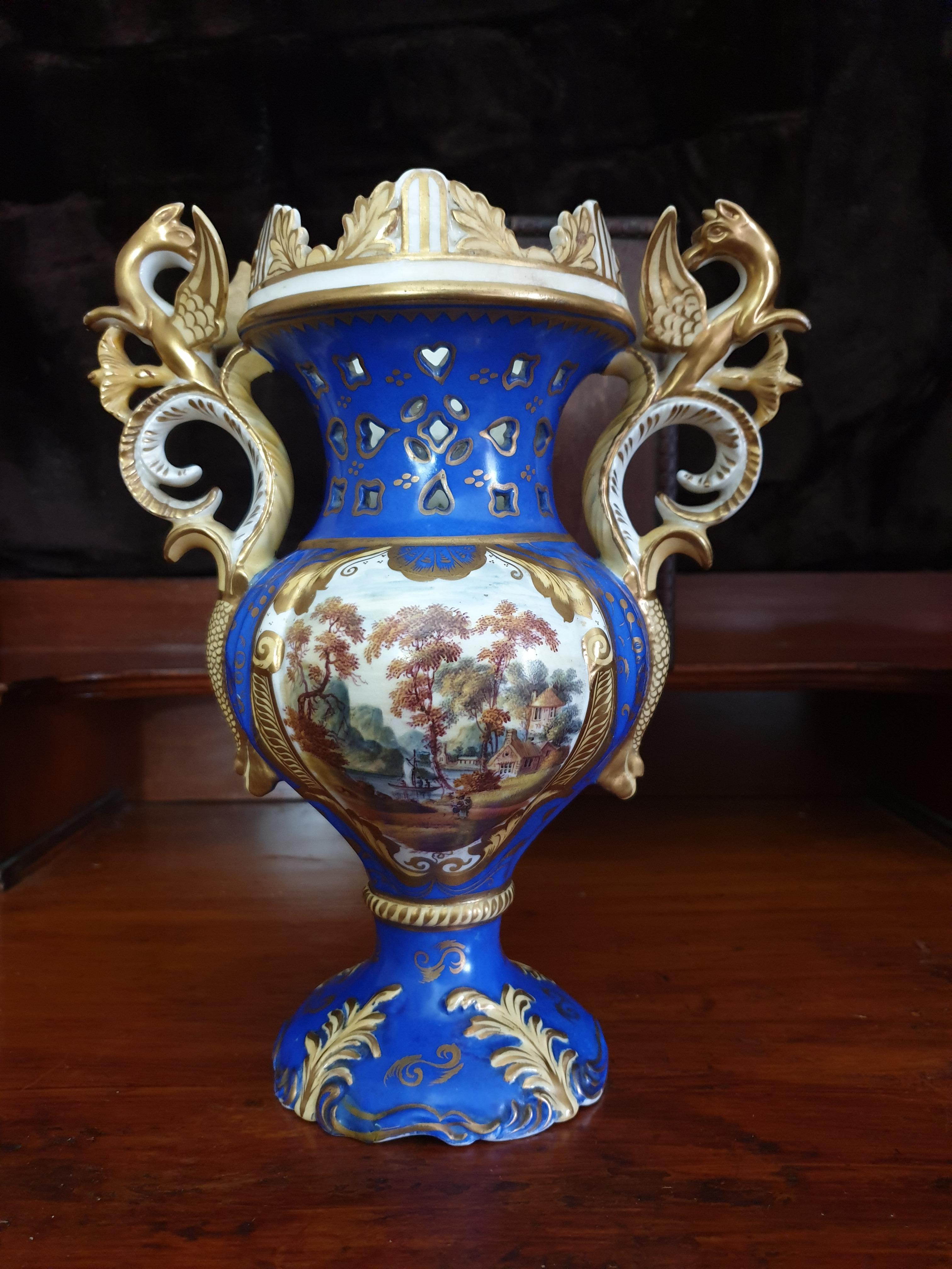 Porcelain 19th Century Samuel Alcock Griffin Hand Painted Landscapes Rococo Revival Vase For Sale