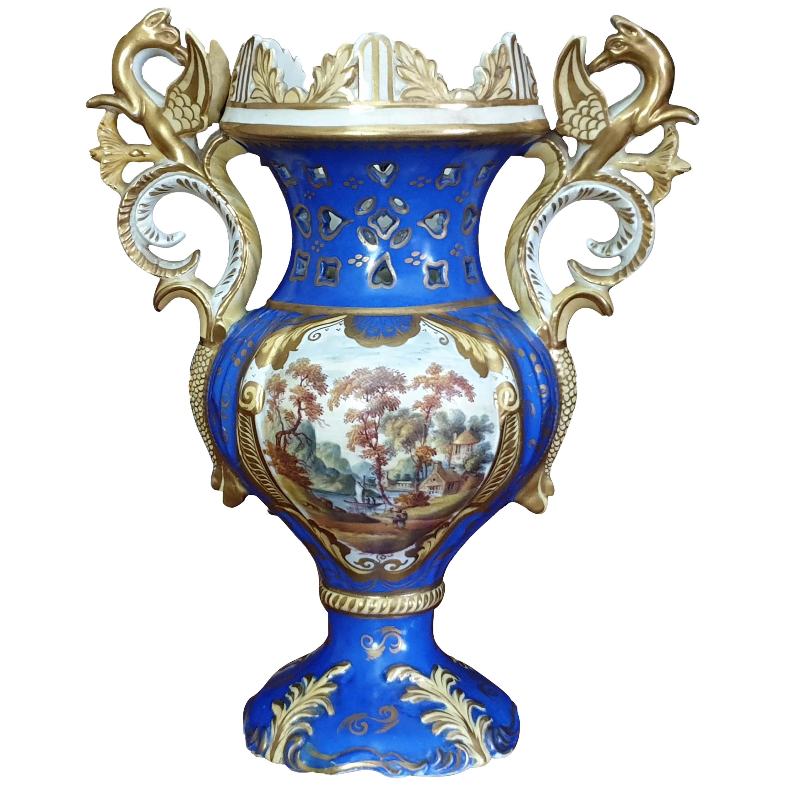 19th Century Samuel Alcock Griffin Hand Painted Landscapes Rococo Revival Vase For Sale