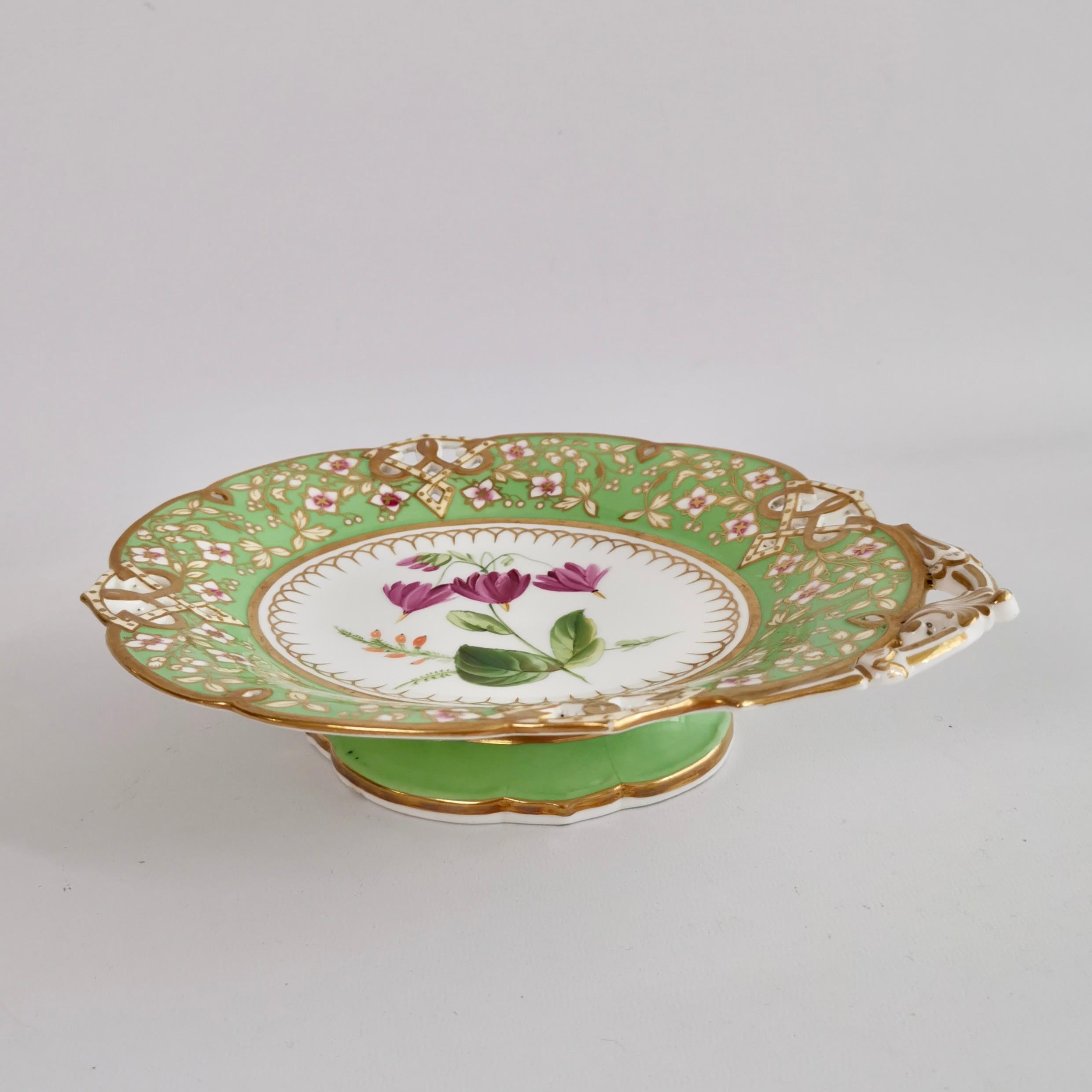 English Samuel Alcock Low Comport, Green with Flowers, Pierced Persian Revival ca 1855