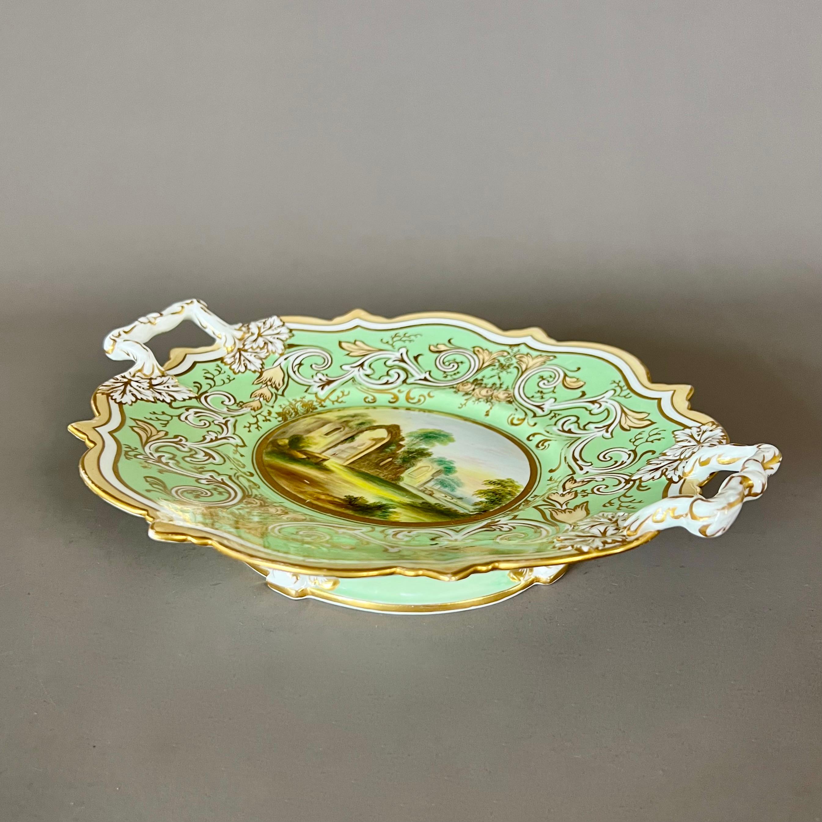 Victorian Samuel Alcock Low Oval Comport Dish, Sage Green with Landscape, ca 1850 For Sale