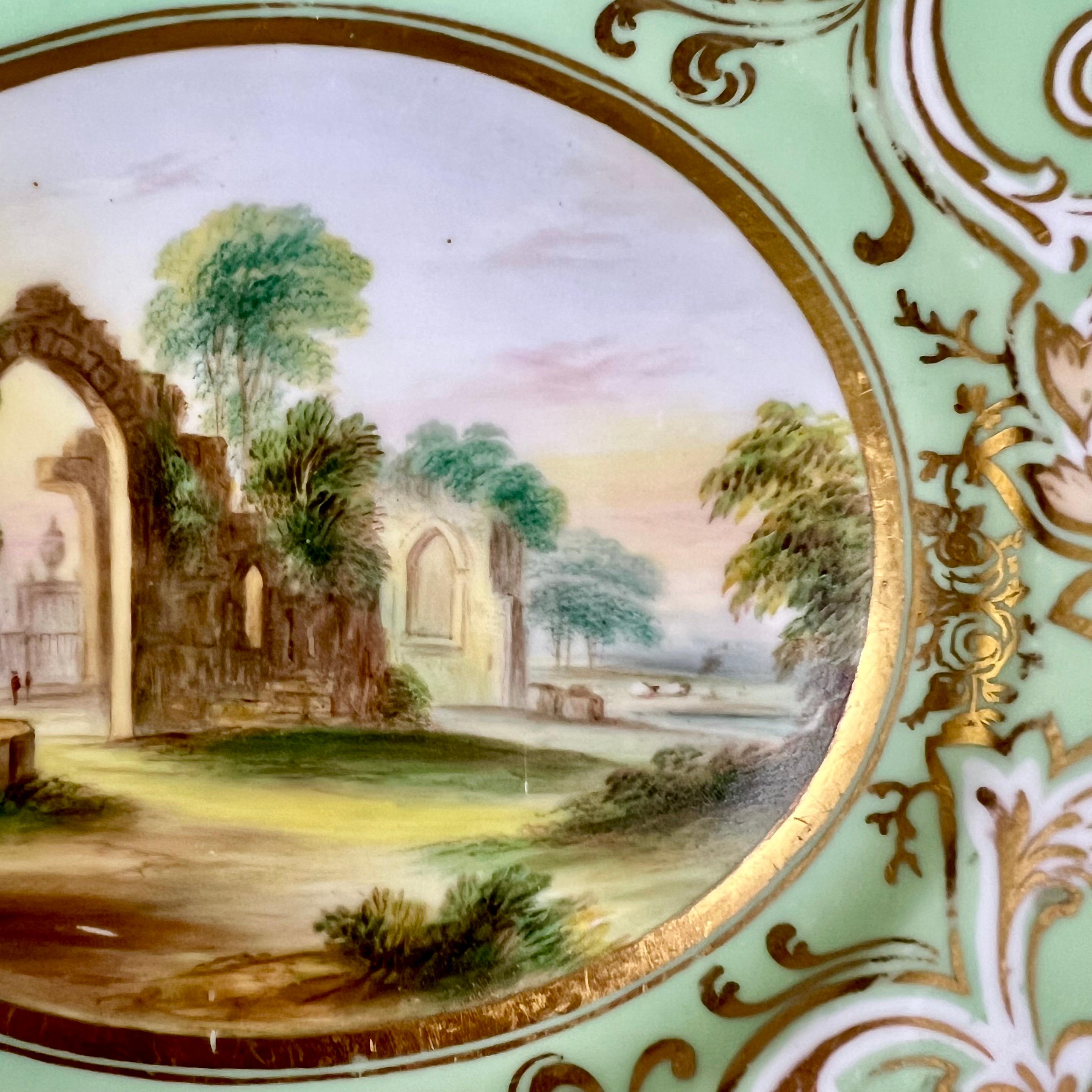 Samuel Alcock Low Oval Comport Dish, Sage Green with Landscape, ca 1850 In Good Condition For Sale In London, GB