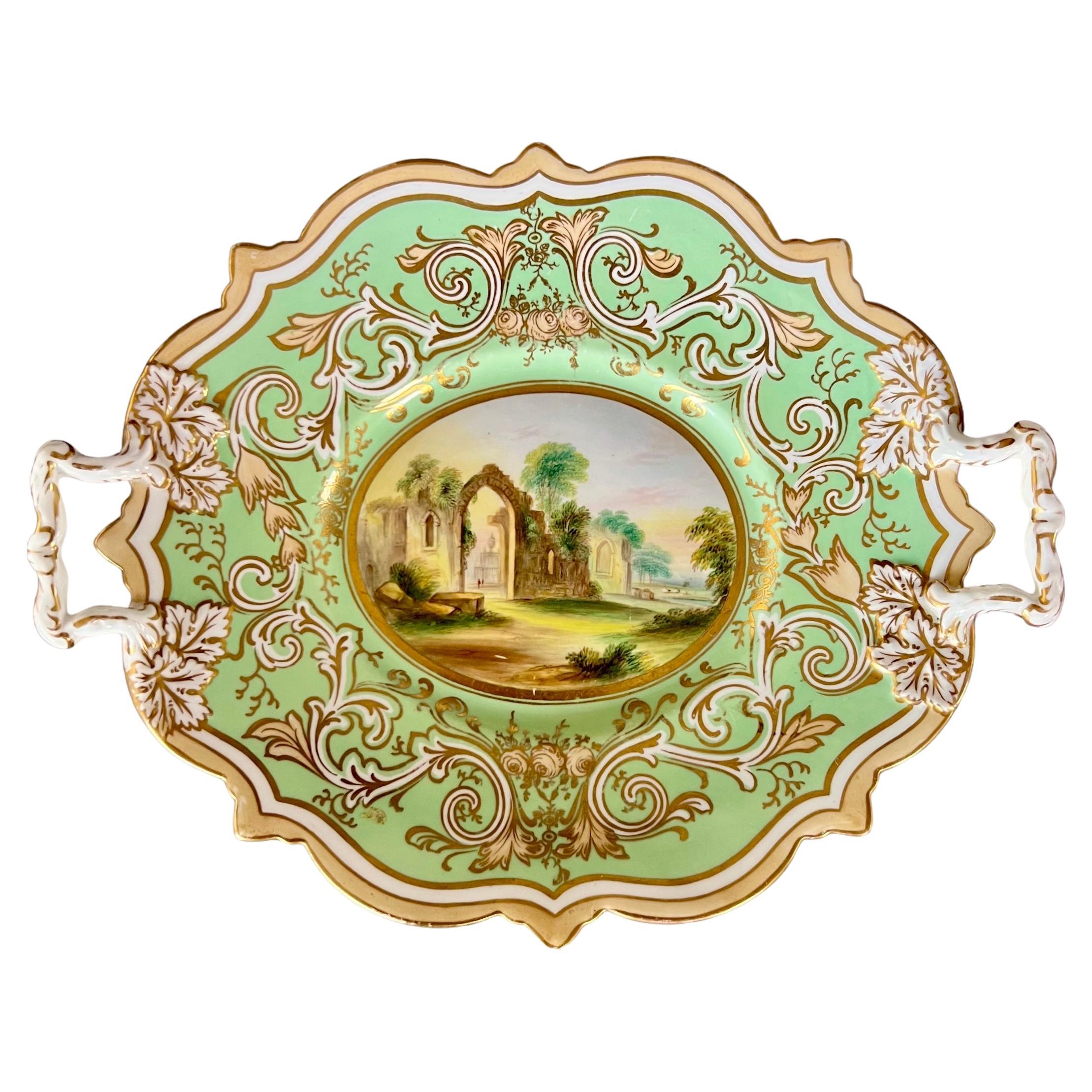 Samuel Alcock Low Oval Comport Dish, Sage Green with Landscape, ca 1850 For Sale