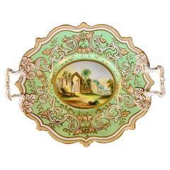 Samuel Alcock Low Oval Comport Dish, Sage Green with Landscape, ca 1850
