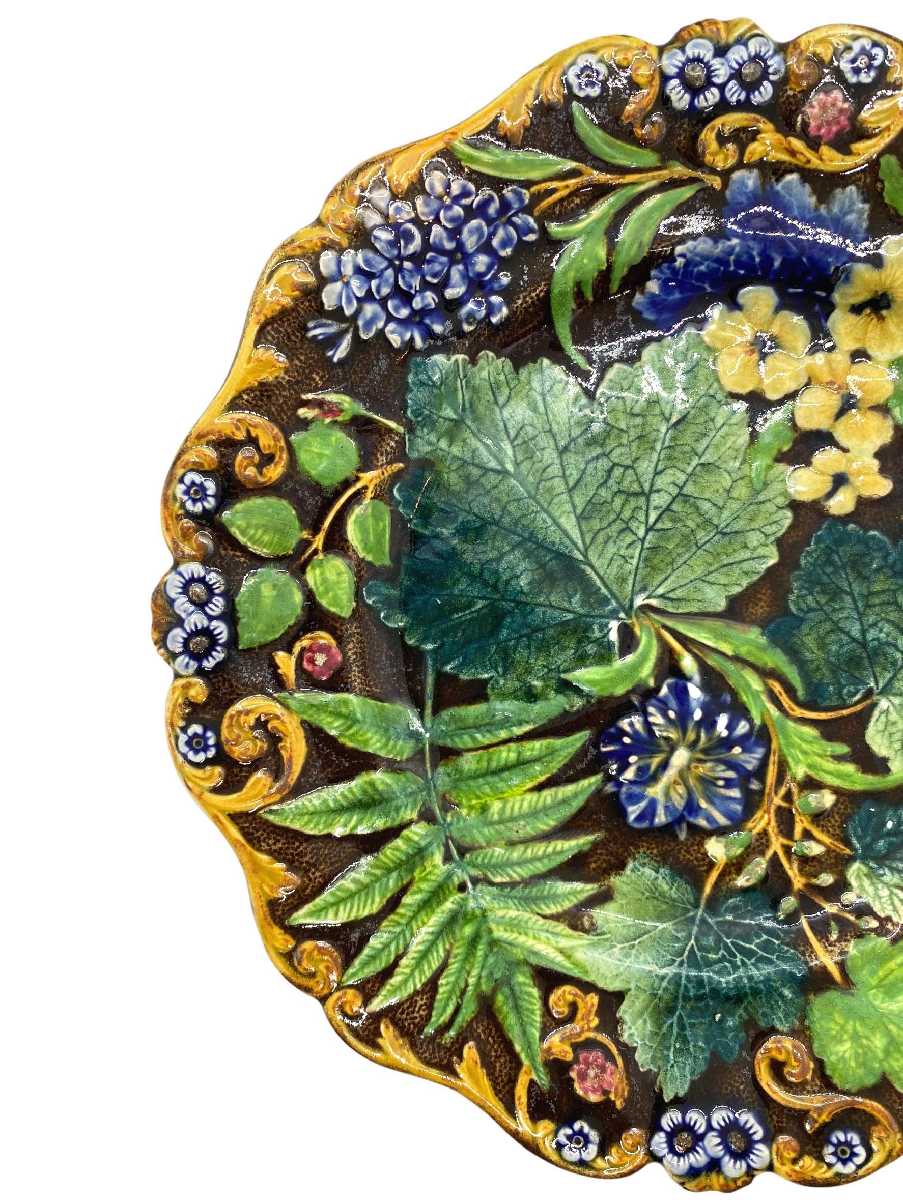 Samuel Alcock Majolica 9 inches Botanical plate, English, circa 1875. This rare design is one of the most beautiful and sought after ever produced in majolica, a first-rate connoisseur example of the best English majolica. 
This design by Samuel