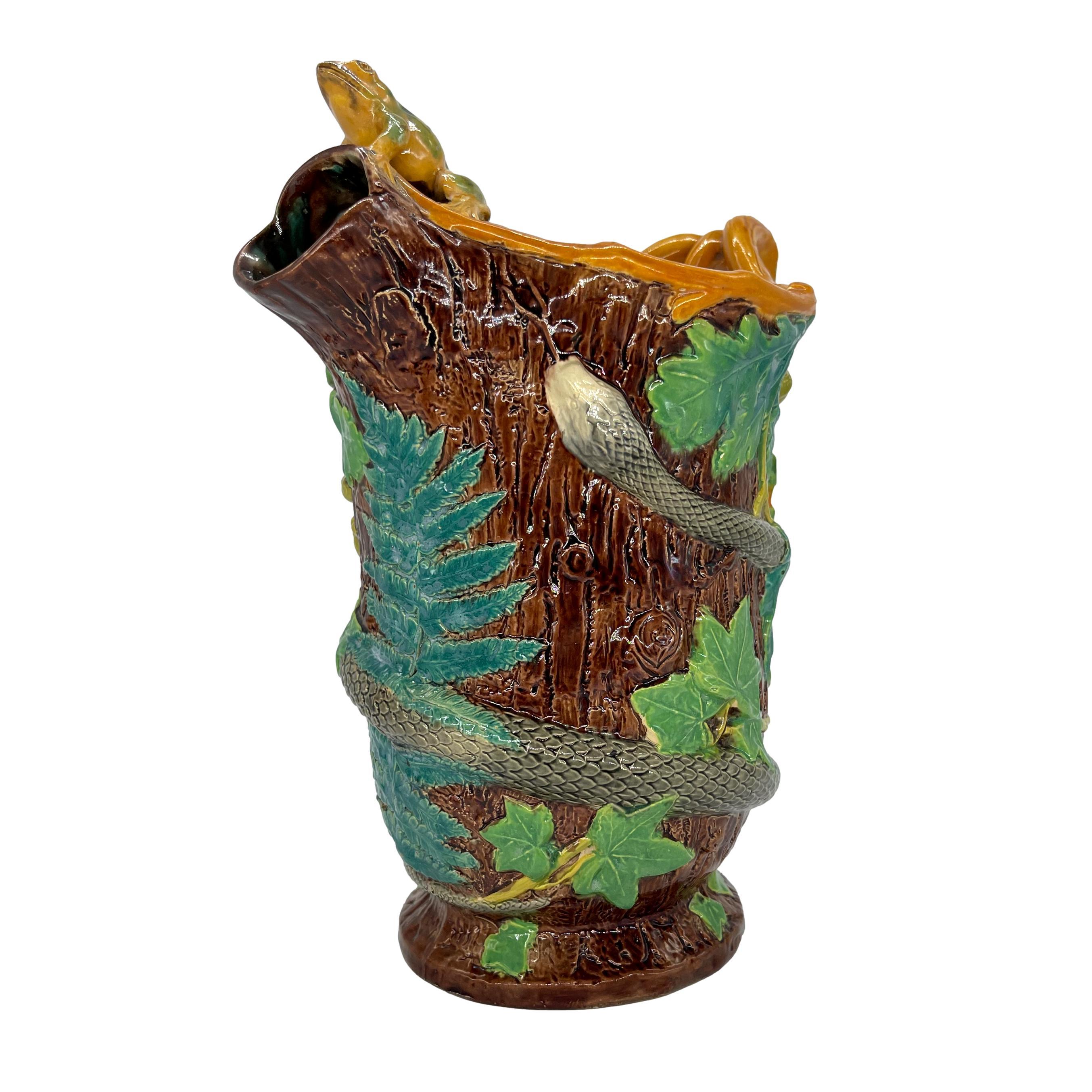 Victorian Samuel Alcock Majolica Large Ewer with Snake and Frog on Lip, English, ca. 1855 For Sale