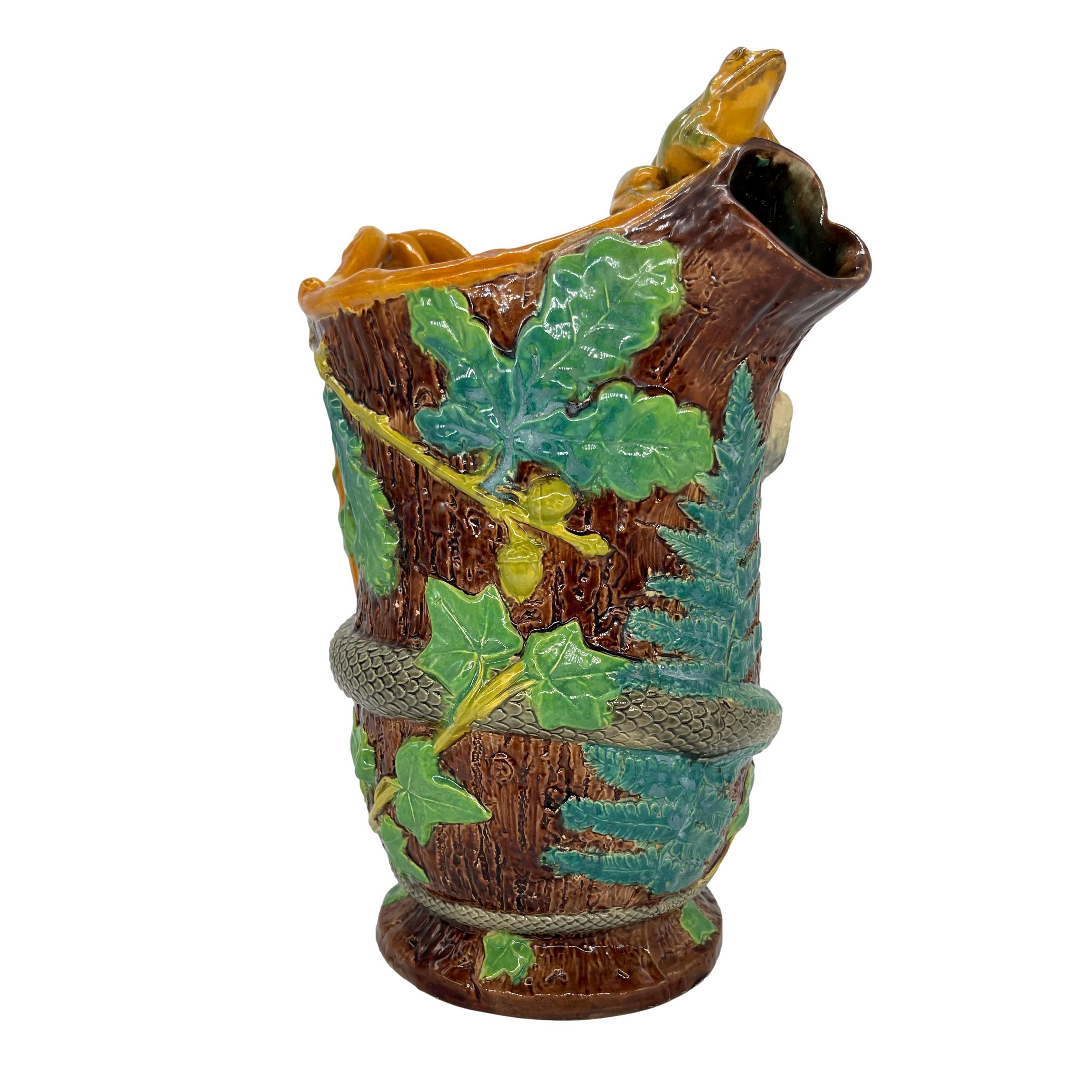 Samuel Alcock Majolica Large Ewer with Snake and Frog on Lip, English, ca. 1855 In Good Condition For Sale In Banner Elk, NC