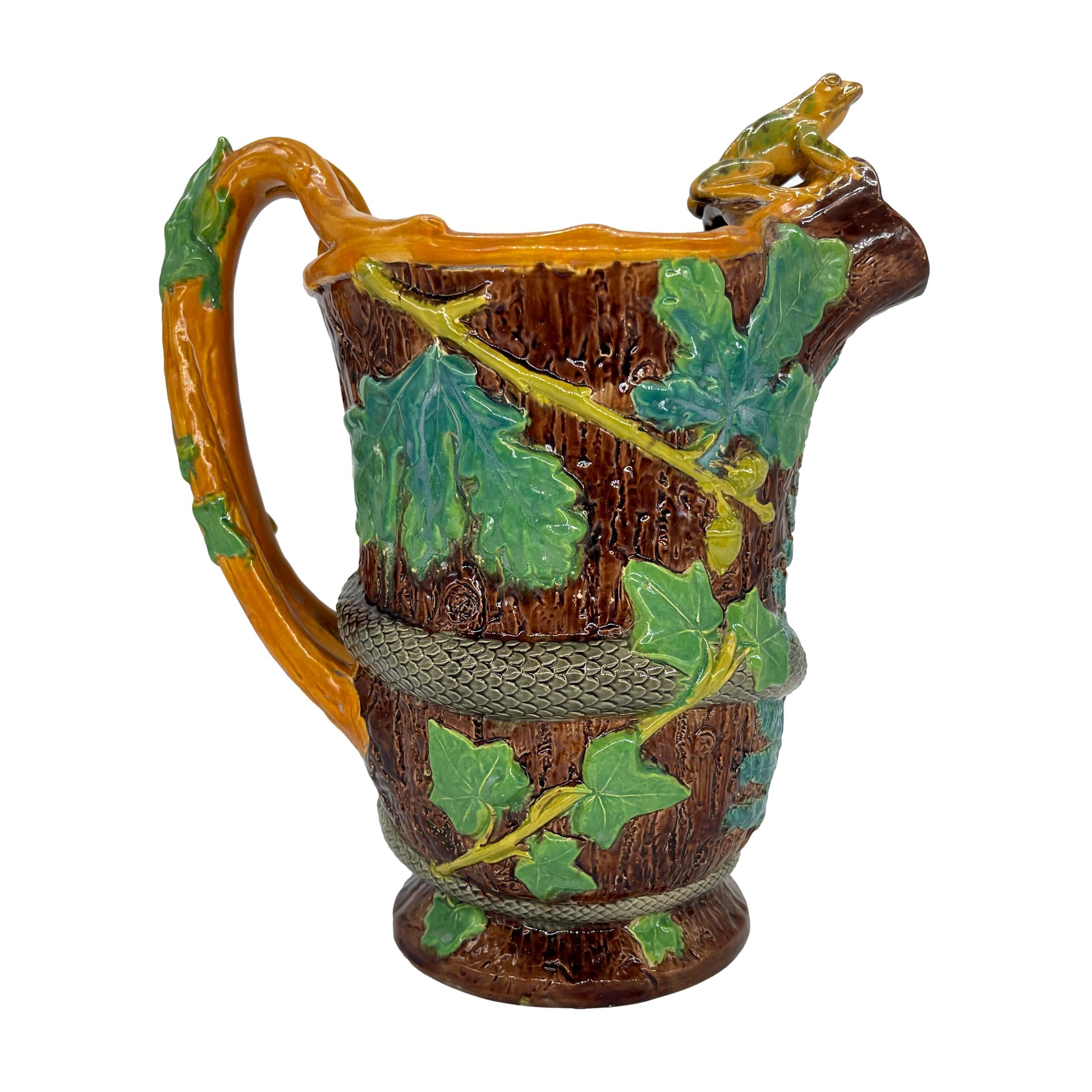 19th Century Samuel Alcock Majolica Large Ewer with Snake and Frog on Lip, English, ca. 1855 For Sale