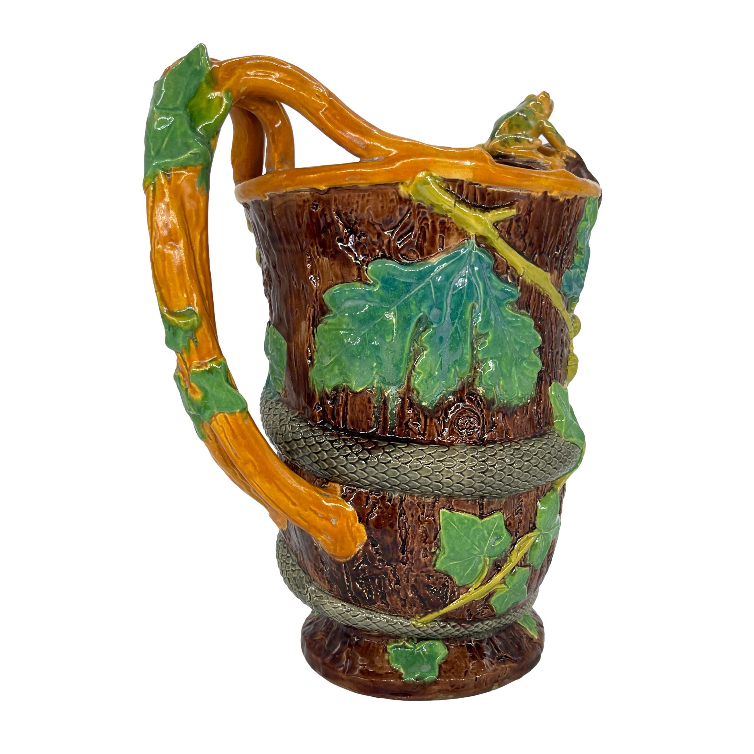 Samuel Alcock Majolica Large Ewer with Snake and Frog on Lip, English, ca. 1855 For Sale 1