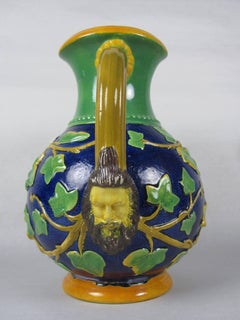 Samuel Alcock Mask & Ivy Cobalt Blue & Green Majolica Pitcher, England, 1875