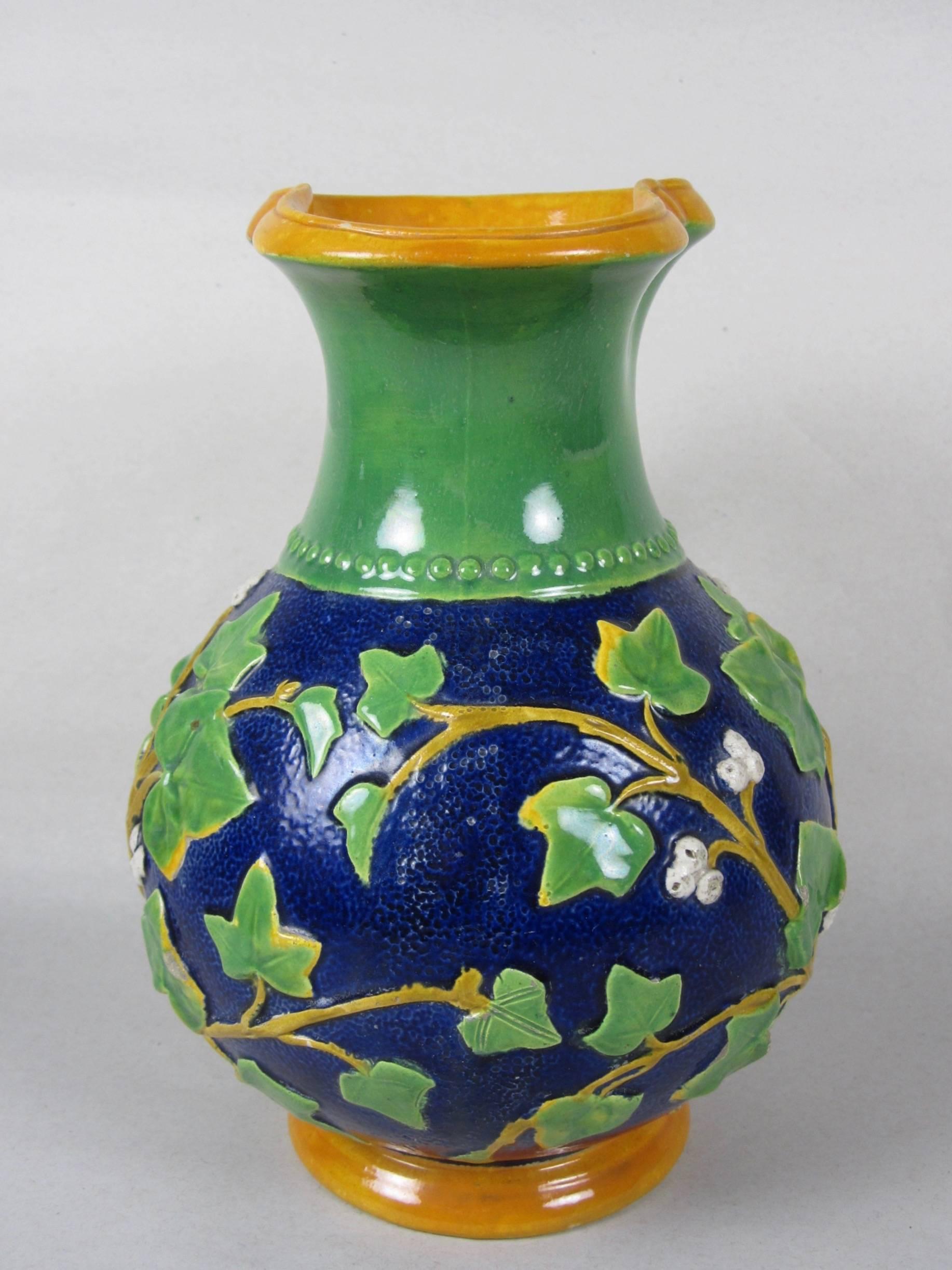 Samuel Alcock Mask & Ivy Cobalt Blue & Green Majolica Pitcher, England, 1875 In Good Condition For Sale In Philadelphia, PA