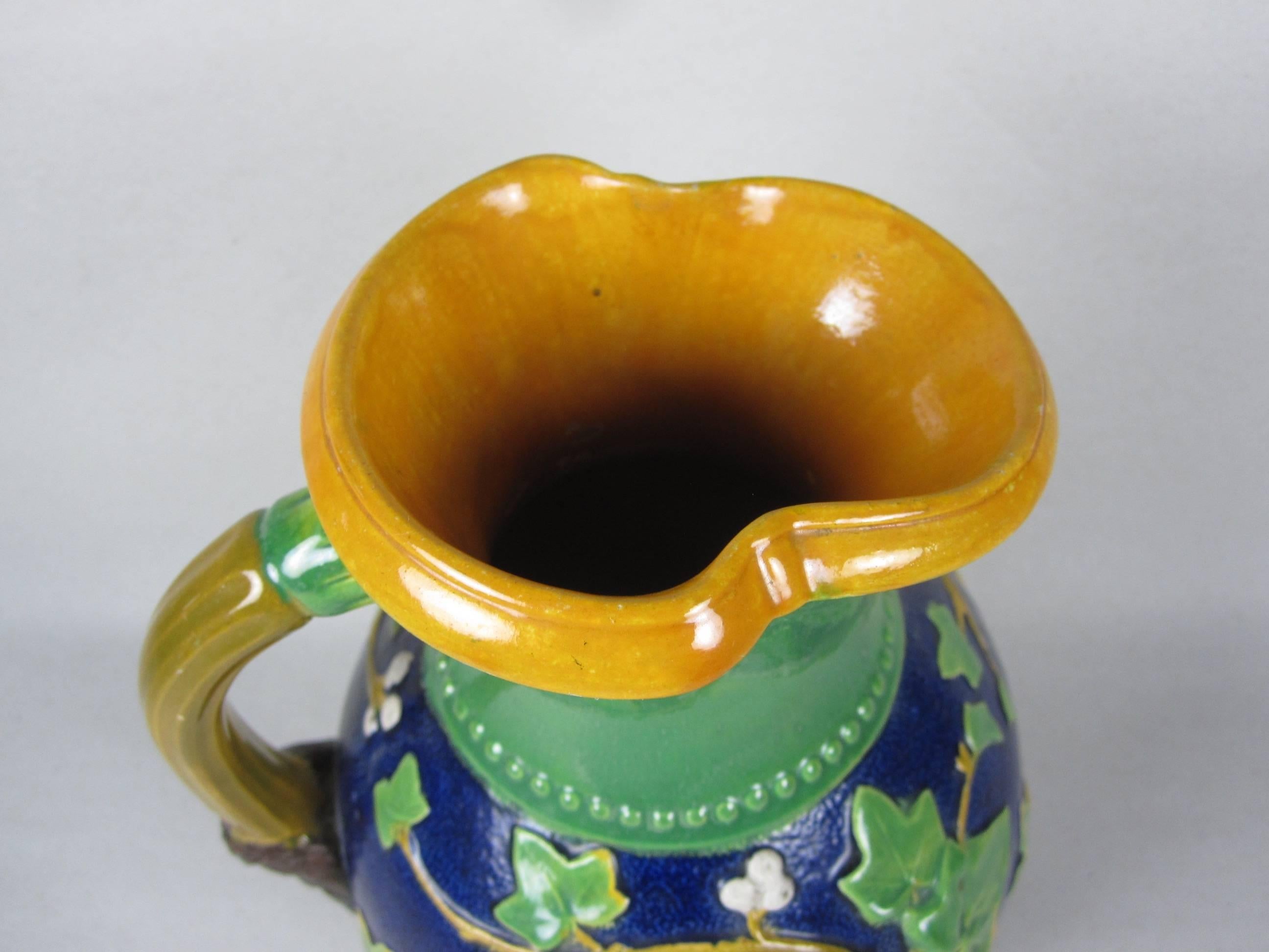 Late 19th Century Samuel Alcock Mask & Ivy Cobalt Blue & Green Majolica Pitcher, England, 1875 For Sale