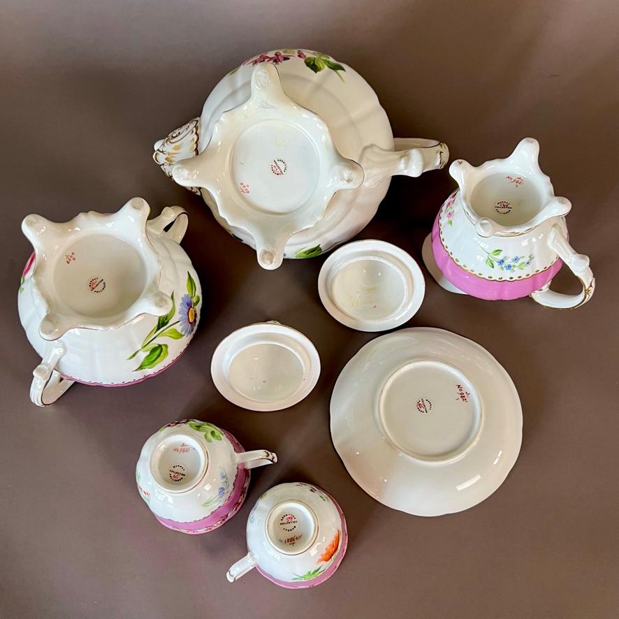Samuel Alcock Matched Solitaire Porcelain Tea Set, Pink with Flowers, ca 1836 For Sale 7
