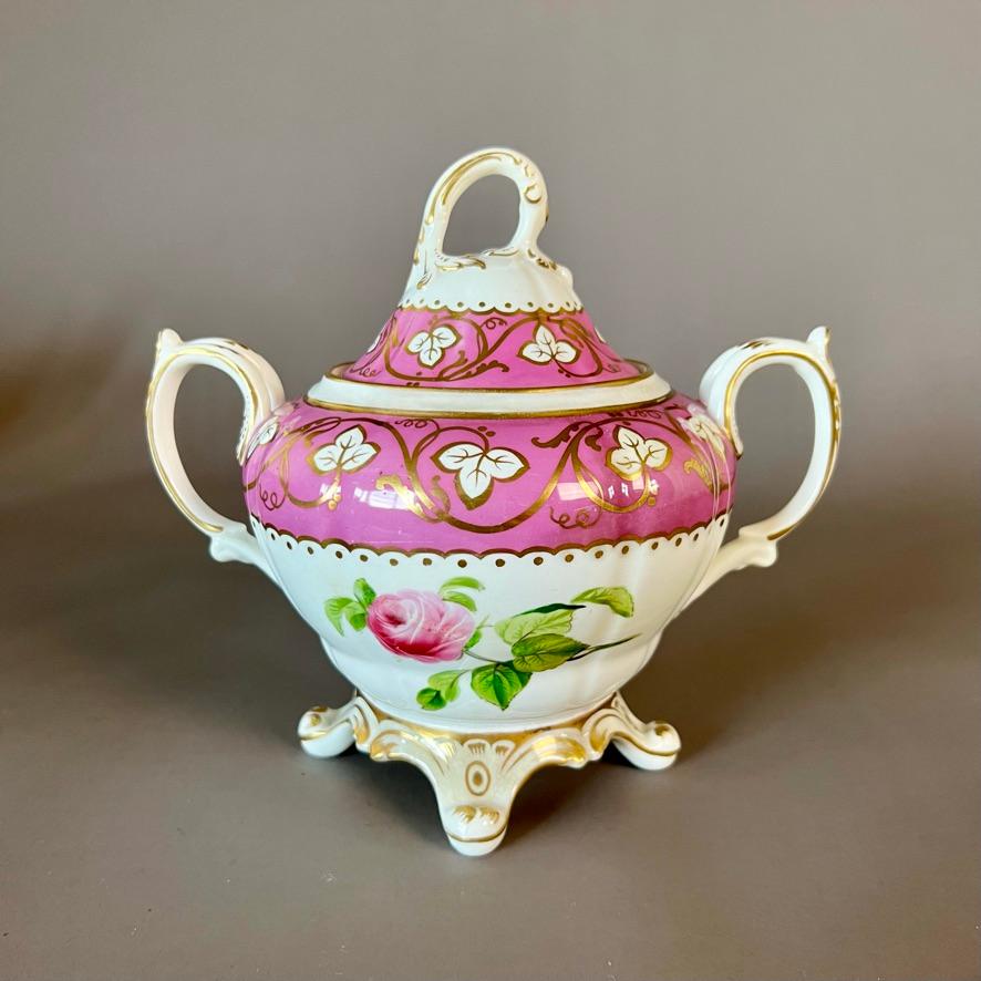 Rococo Revival Samuel Alcock Matched Solitaire Porcelain Tea Set, Pink with Flowers, ca 1836 For Sale