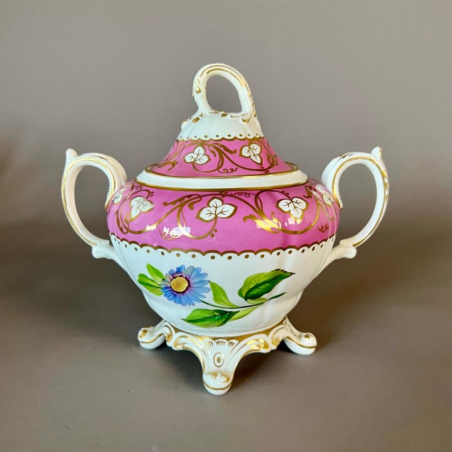 English Samuel Alcock Matched Solitaire Porcelain Tea Set, Pink with Flowers, ca 1836 For Sale