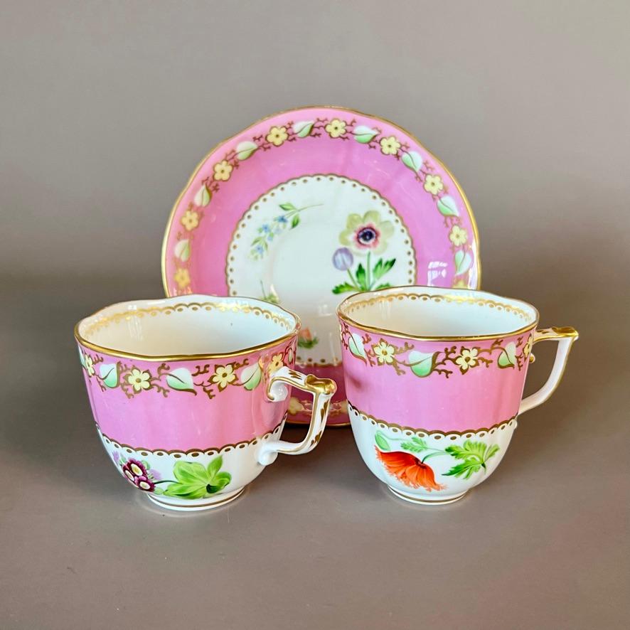 Mid-19th Century Samuel Alcock Matched Solitaire Porcelain Tea Set, Pink with Flowers, ca 1836 For Sale