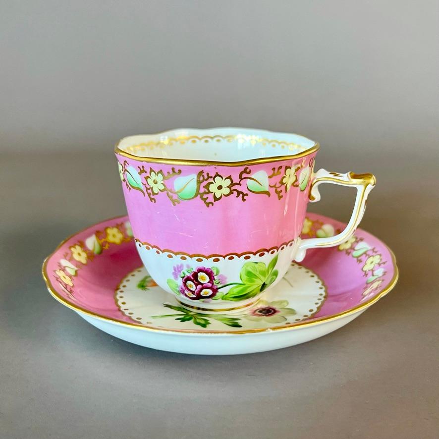 Samuel Alcock Matched Solitaire Porcelain Tea Set, Pink with Flowers, ca 1836 For Sale 1