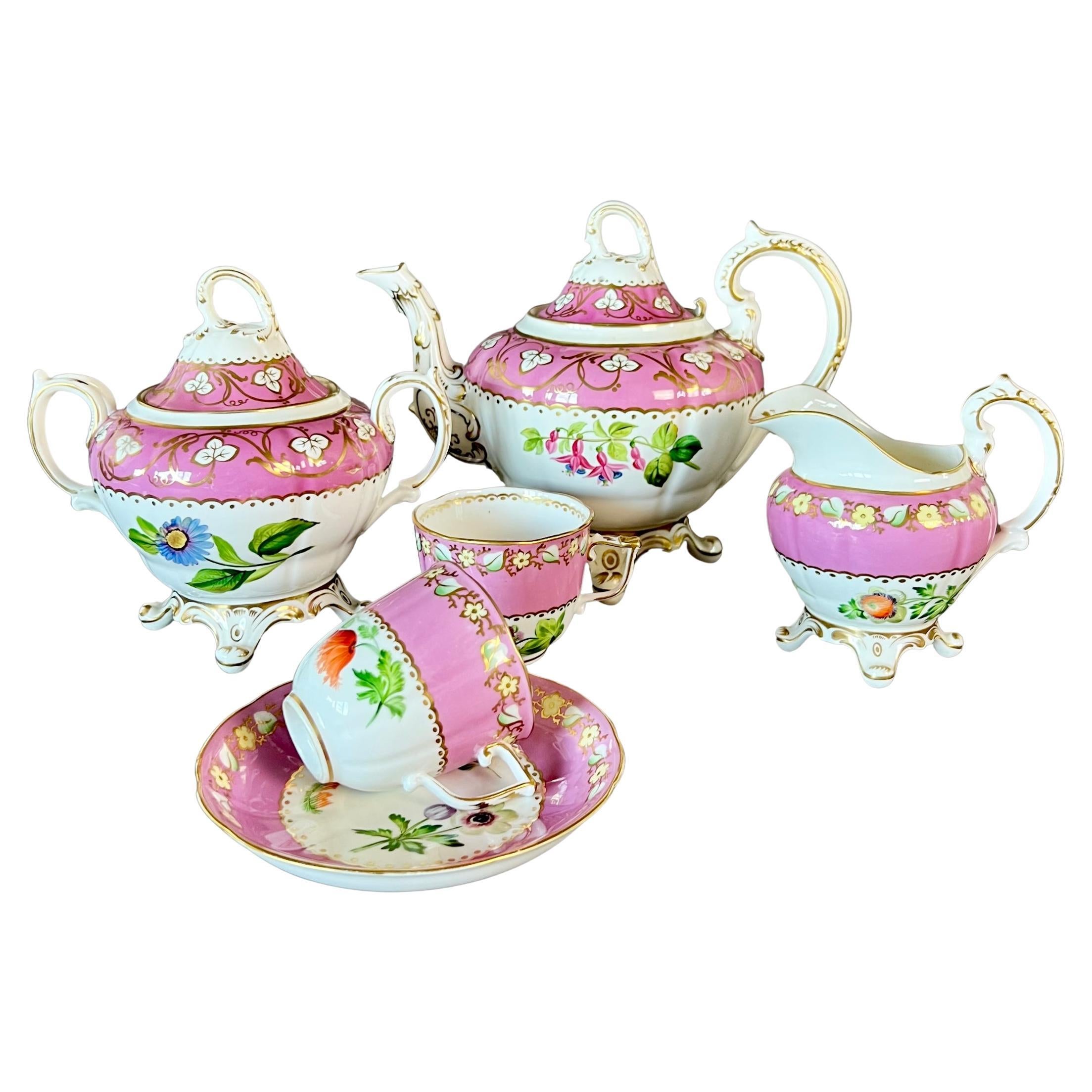 Samuel Alcock Matched Solitaire Porcelain Tea Set, Pink with Flowers, ca 1836 For Sale