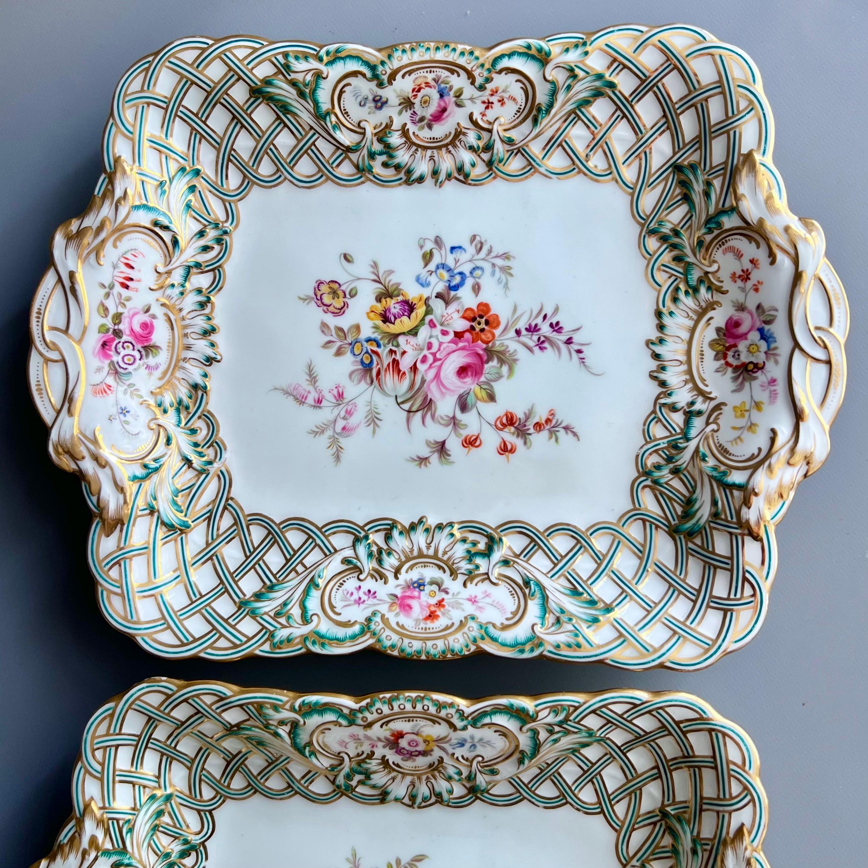 Rococo Revival Minton Pair of Rectangular Dishes, Newcastle Embossed, Flowers J. Bancroft, 1857 For Sale