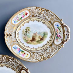 Samuel Alcock, Paar niedrige Kompottschalen, grau, vergoldet mit Landschaften, Blumen, um 1859