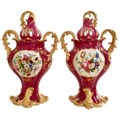 Samuel Alcock Pair of Porcelain Rococo Revival Vases, Maroon and Flowers