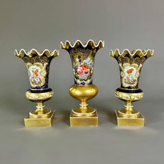 Samuel Alcock Pair of Wave-Edge Vases, Cobalt Blue, Gilt, Flowers, ca 1825