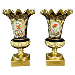 Samuel Alcock Pair of Wave-Edge Vases, Cobalt Blue, Gilt, Flowers, ca 1825