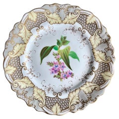 Piatto Samuel Alcock, bordo d'acanto grigio e beige, fiore rosa, 1835 ca.