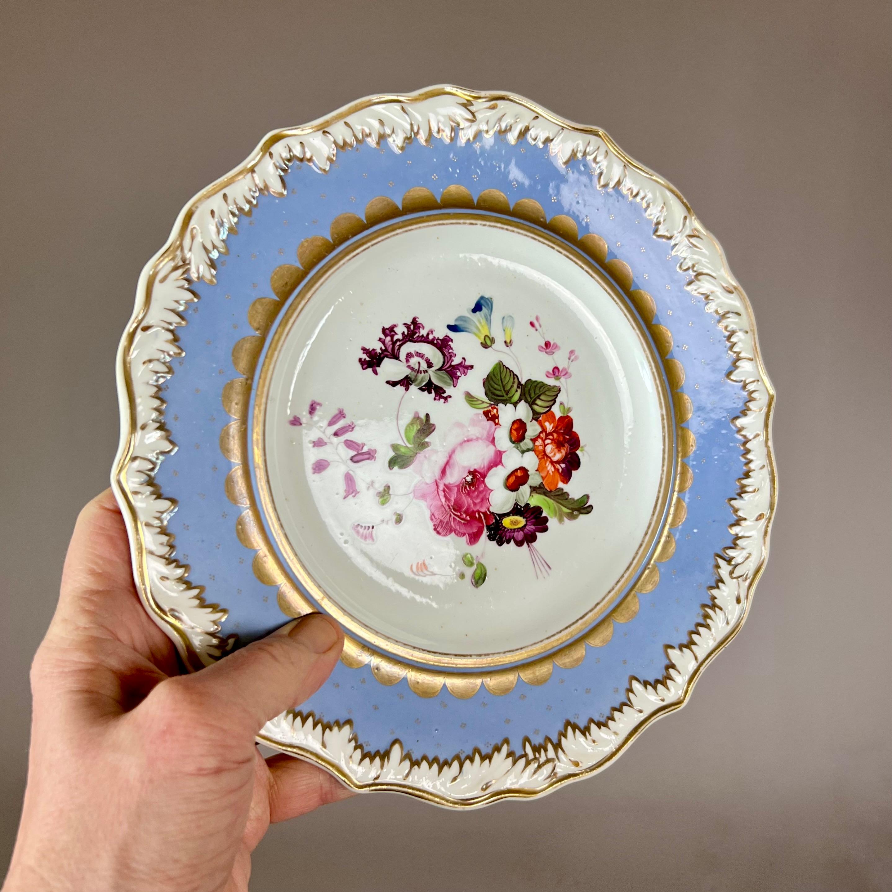 A plate with white melted snow border on a periwinkle ground with tiny gilt stars, with a beautifully painted flower bouquet in the centre

There are several other items available in near-identical style, see separate listings.

Pattern