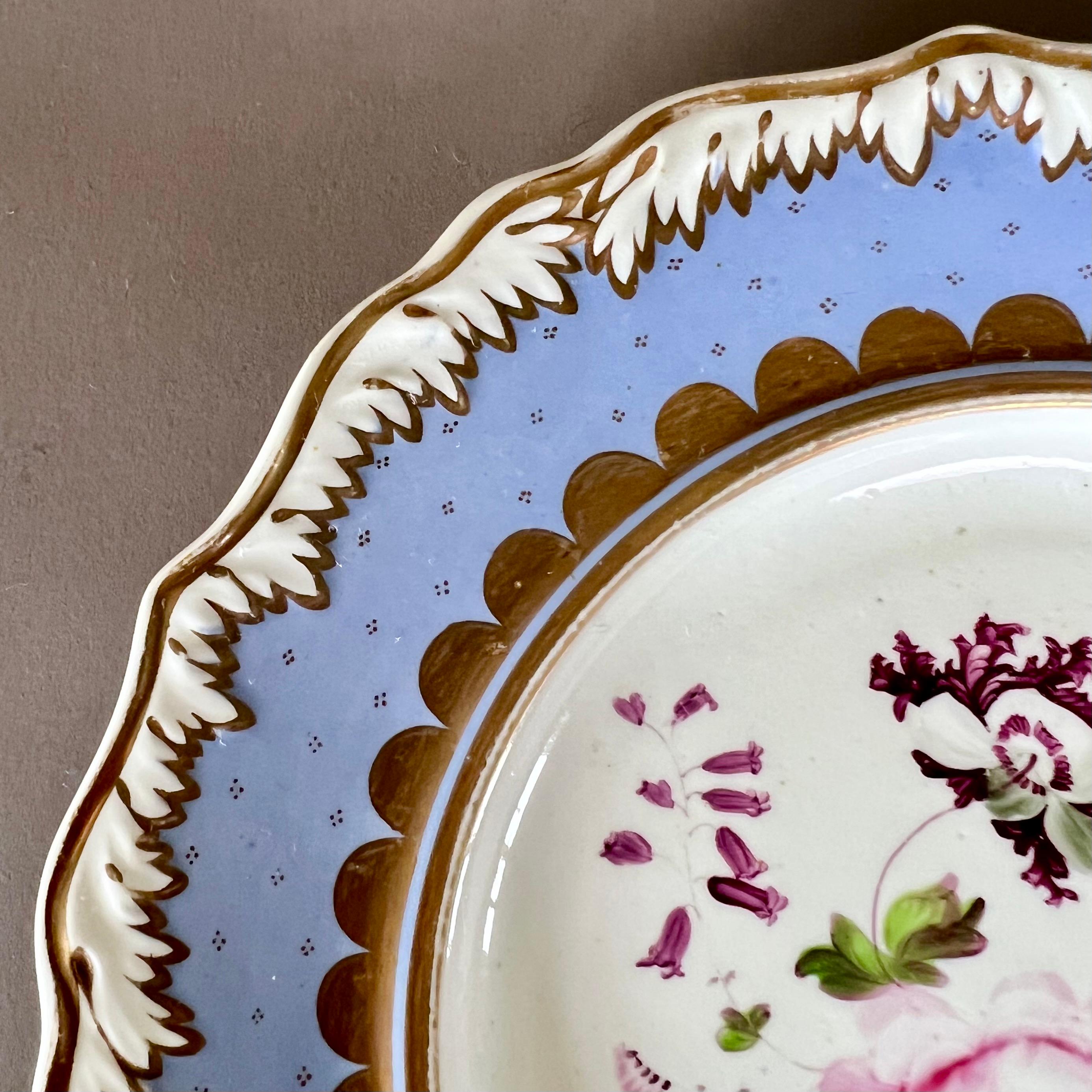 English Samuel Alcock Plate, Melted Snow Border, Periwinkle Blue Lilac, Flowers, ca 1822 For Sale