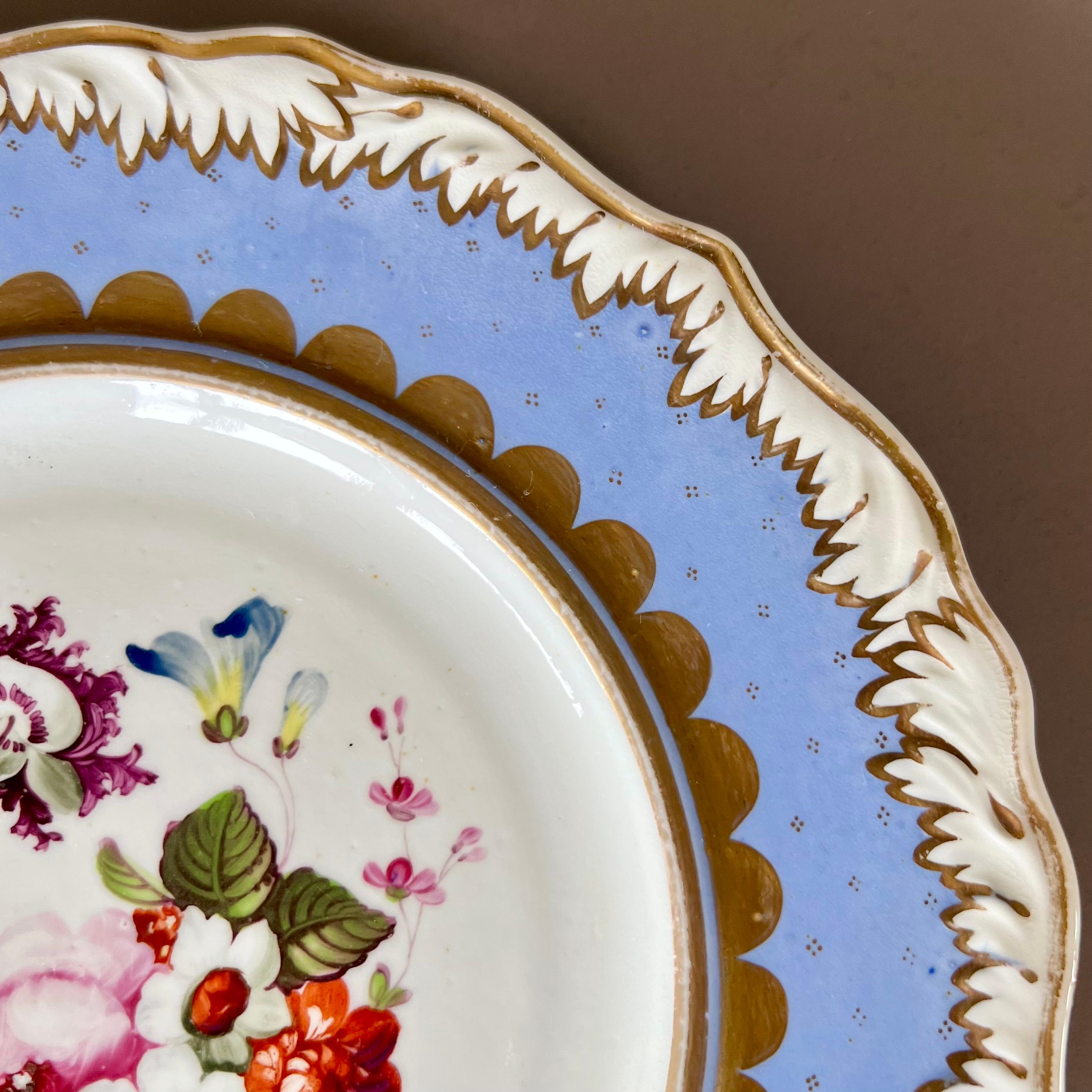 Hand-Painted Samuel Alcock Plate, Melted Snow Border, Periwinkle Blue Lilac, Flowers, ca 1822 For Sale
