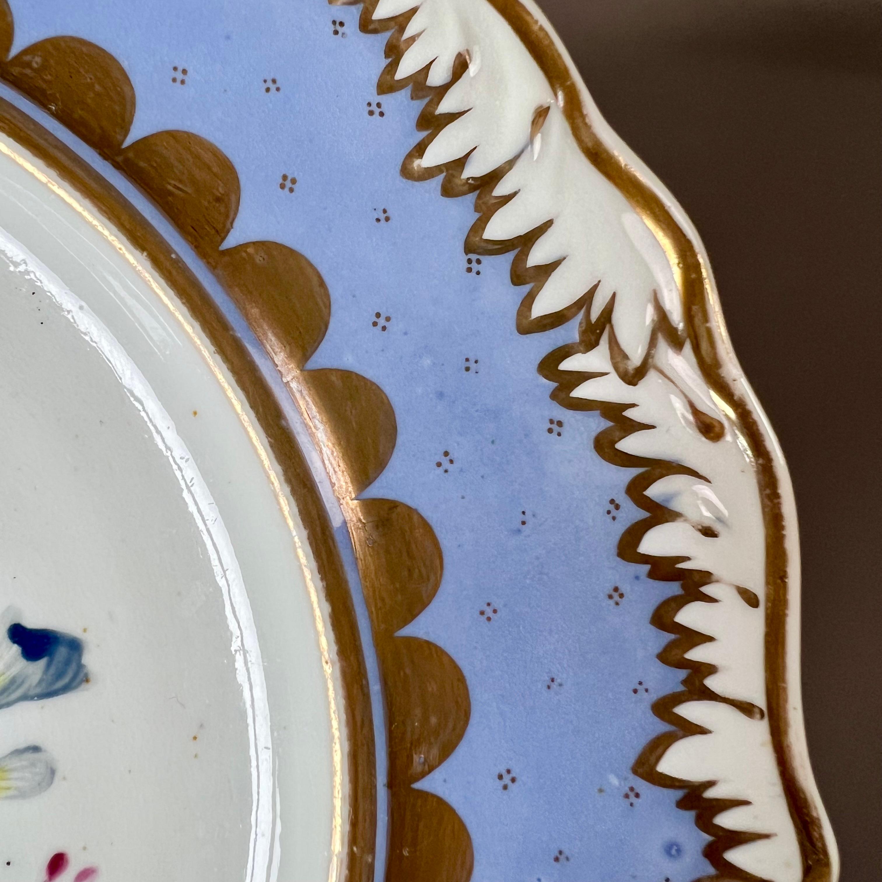 Samuel Alcock Plate, Melted Snow Border, Periwinkle Blue Lilac, Flowers, ca 1822 In Good Condition For Sale In London, GB