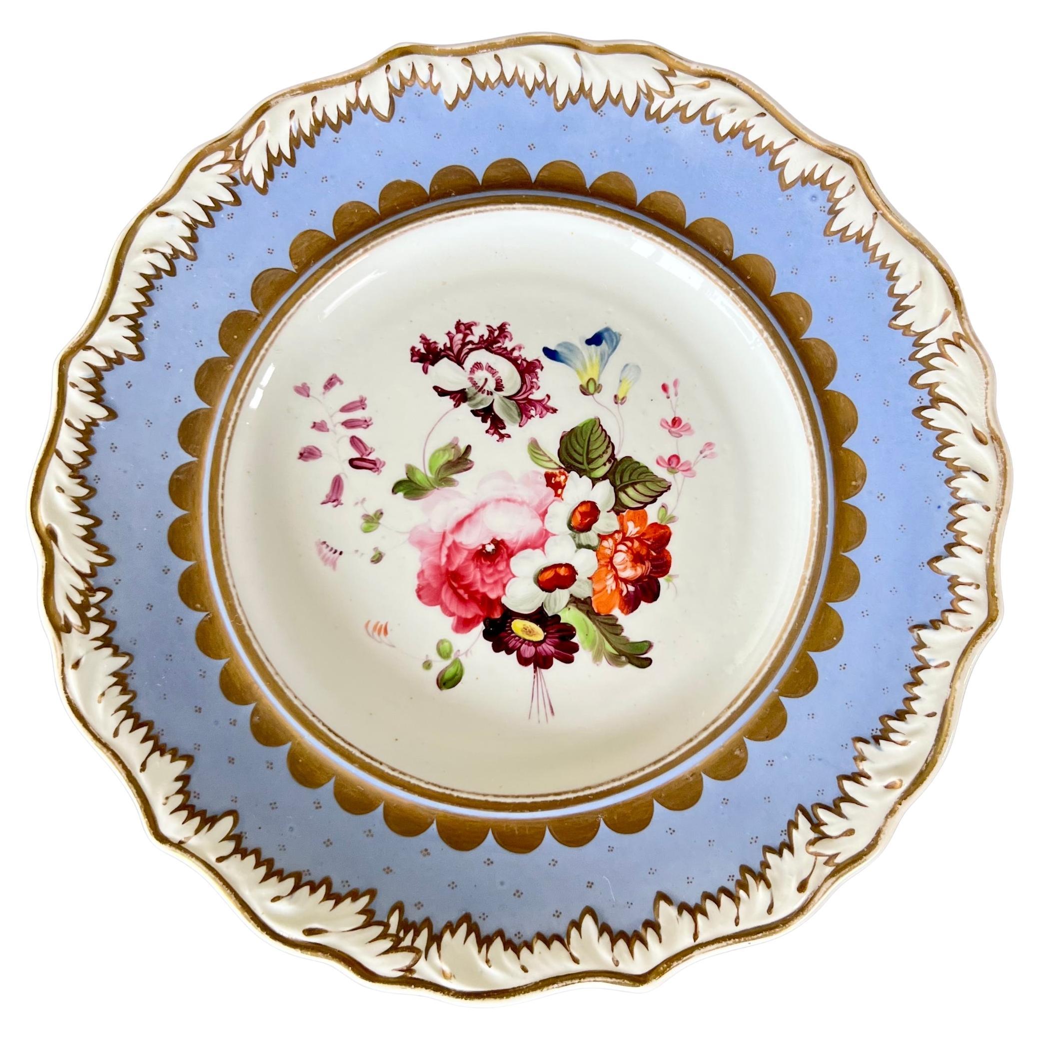 Samuel Alcock Plate, Melted Snow Border, Periwinkle Blue Lilac, Flowers, ca 1822 For Sale