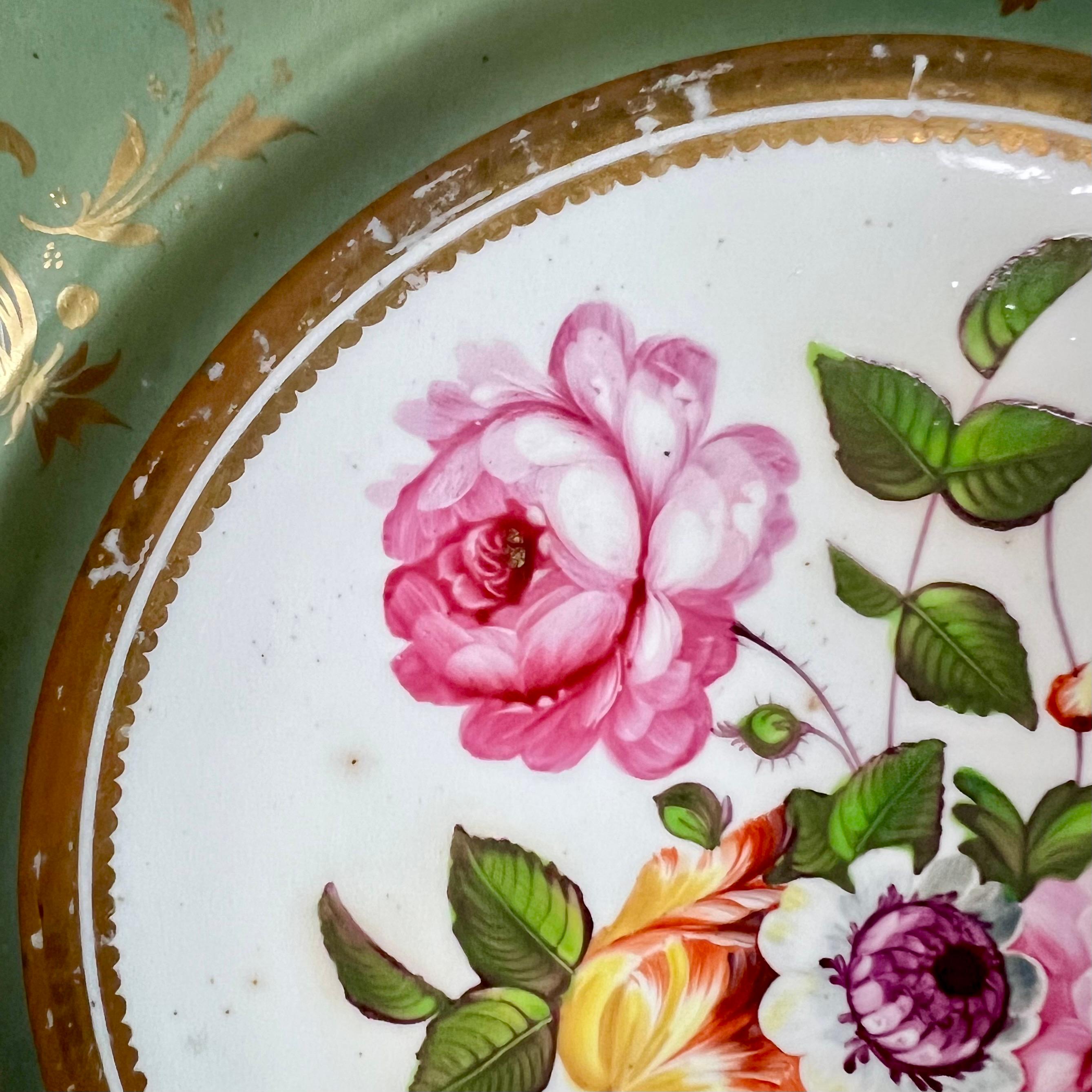 English Samuel Alcock Plate, Melted Snow Border, Sepia Green with Flowers, ca 1822