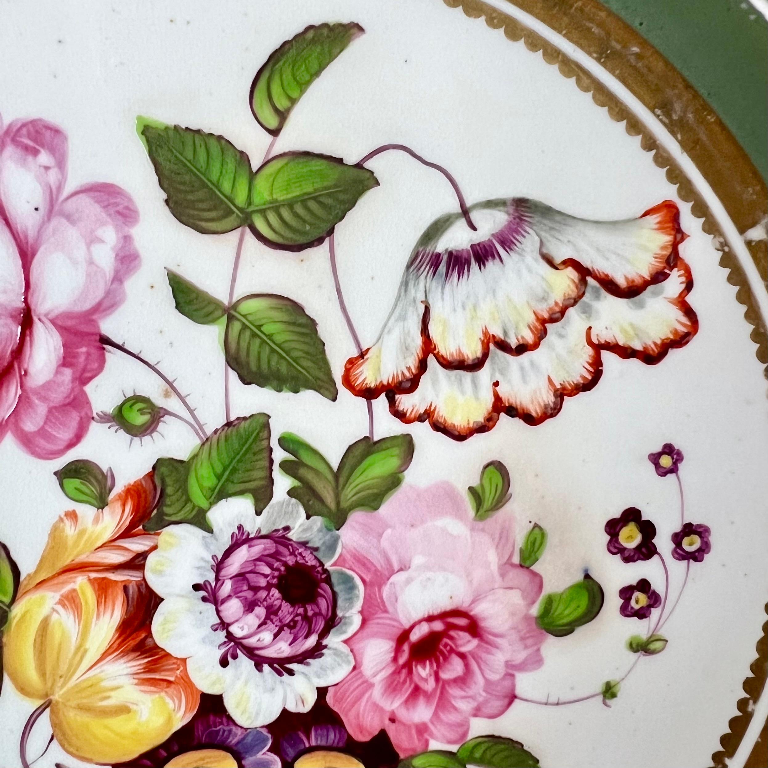 Hand-Painted Samuel Alcock Plate, Melted Snow Border, Sepia Green with Flowers, ca 1822