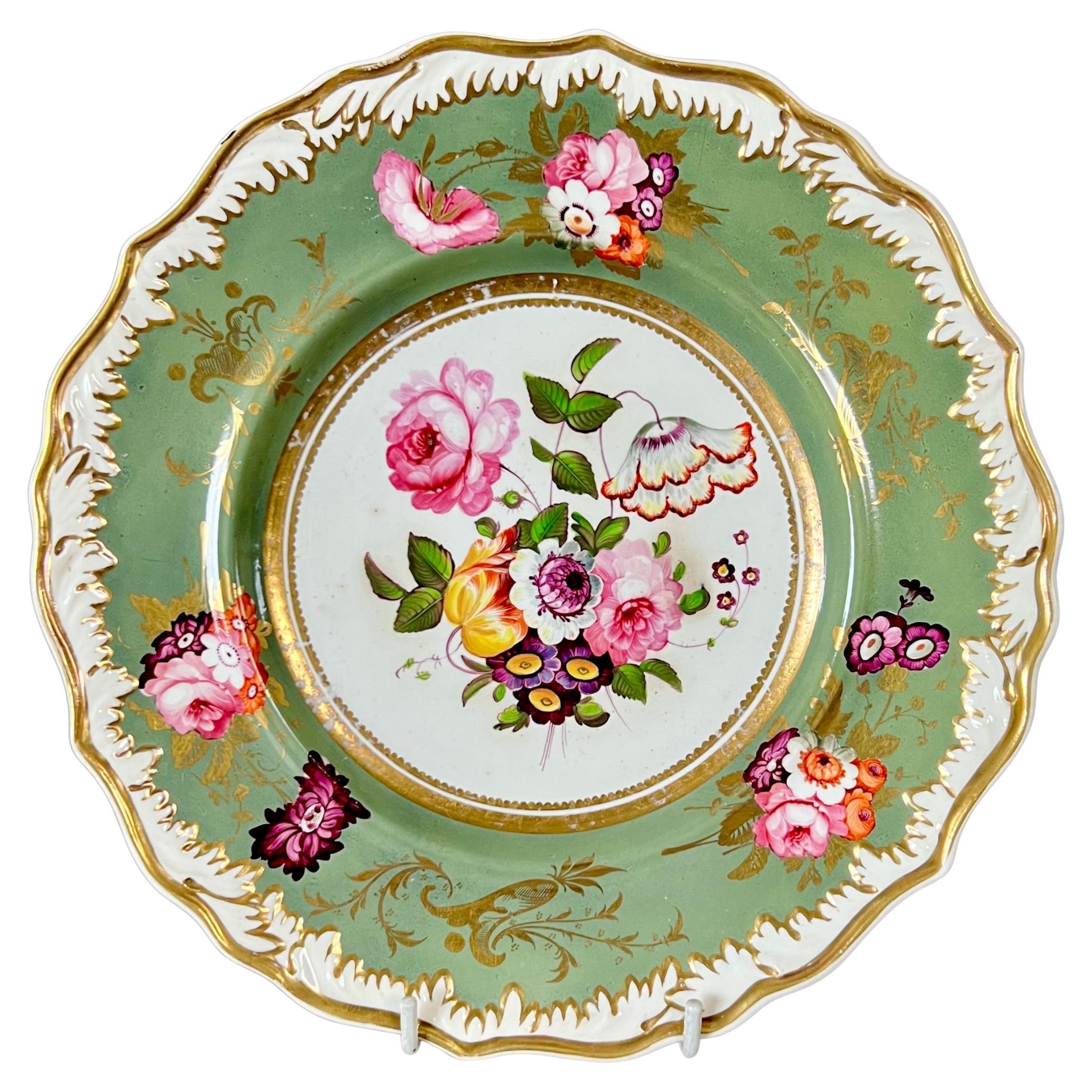Samuel Alcock Plate, Melted Snow Border, Sepia Green with Flowers, ca 1822