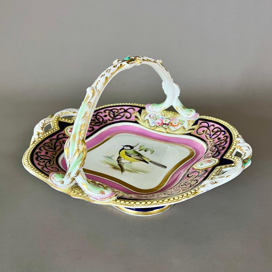 English Samuel Alcock Porcelain Basket, Alma Border, Pink, Black, with Bird, ca 1855 For Sale