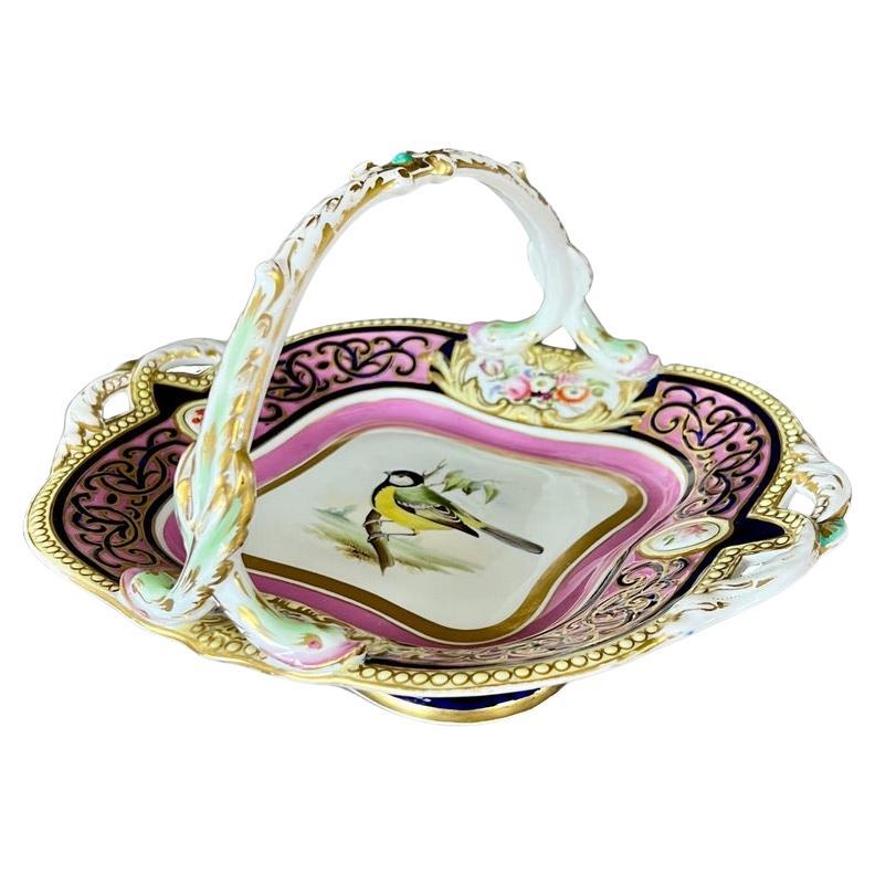 Samuel Alcock Porcelain Basket, Alma Border, Pink, Black, with Bird, ca 1855 For Sale