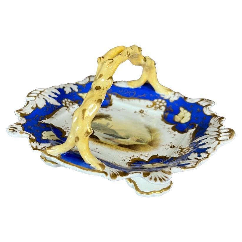 Samuel Alcock Porcelain Basket, French Blue, Landscape, Rococo Revival ca 1830 For Sale