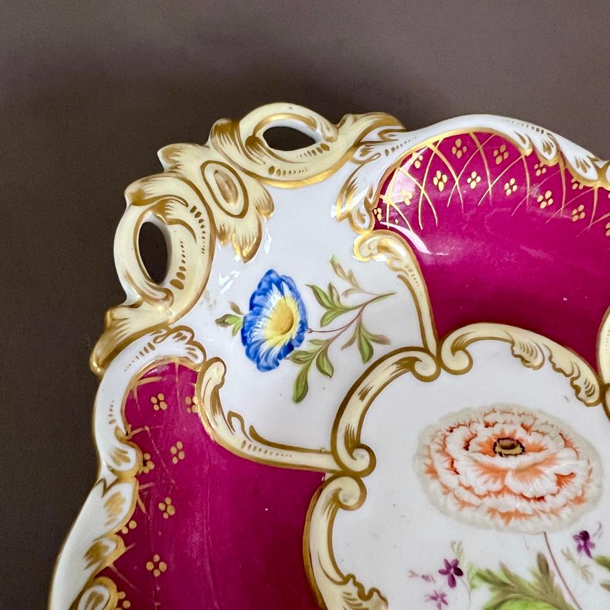 Hand-Painted Samuel Alcock Porcelain Basket, Rococo Revival, Maroon, Flower Reserves, ca 1835 For Sale