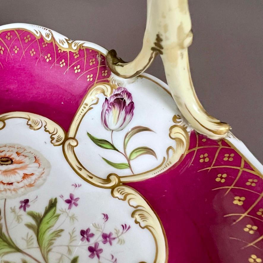 Samuel Alcock Porcelain Basket, Rococo Revival, Maroon, Flower Reserves, ca 1835 In Good Condition For Sale In London, GB
