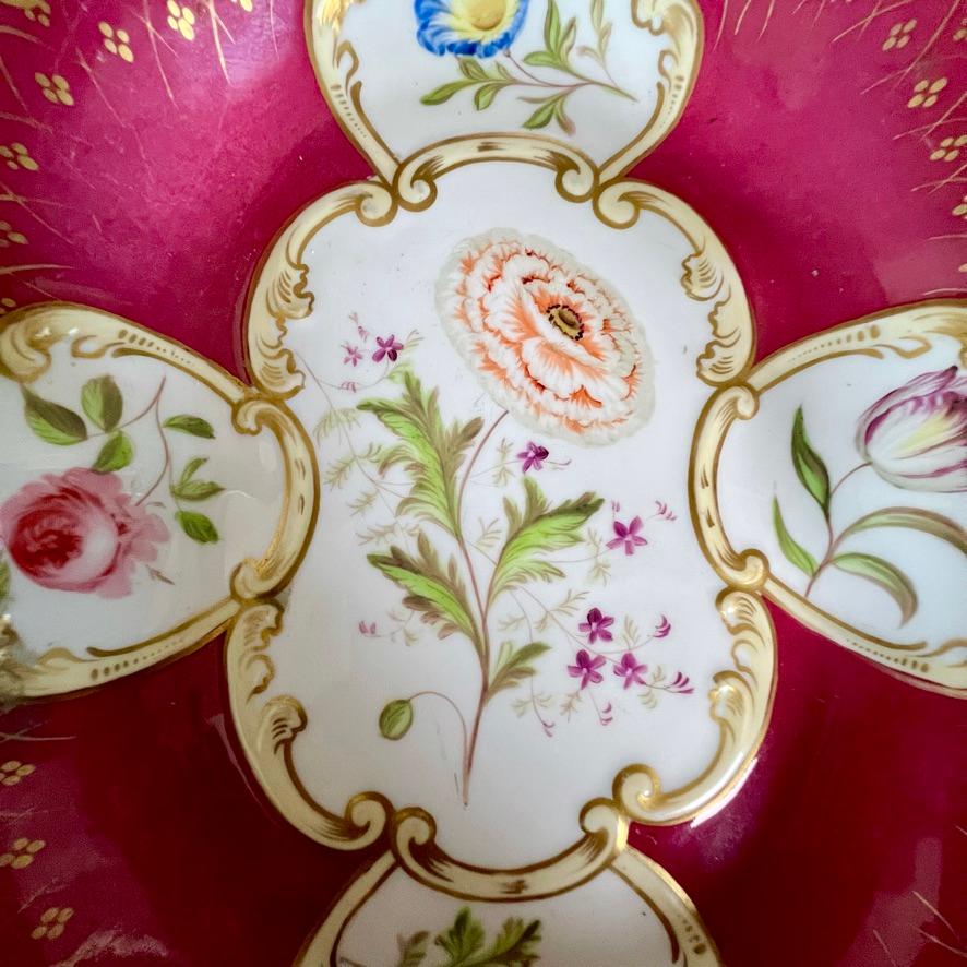 Samuel Alcock Porcelain Basket, Rococo Revival, Maroon, Flower Reserves, ca 1835 For Sale 2