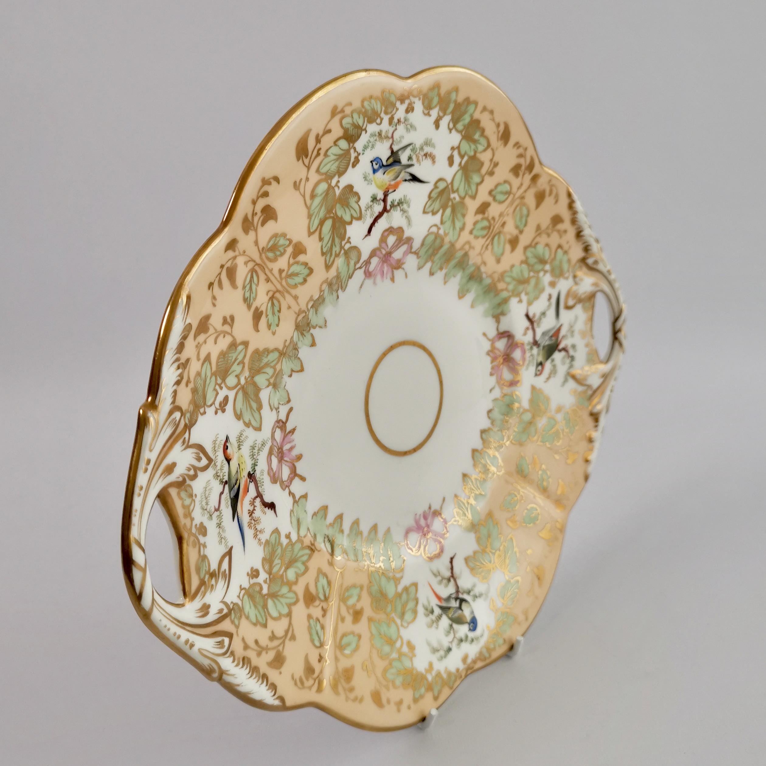 Samuel Alcock Porcelain Cake Plate, Peach Ground with Fine Birds, Victorian 1845 4