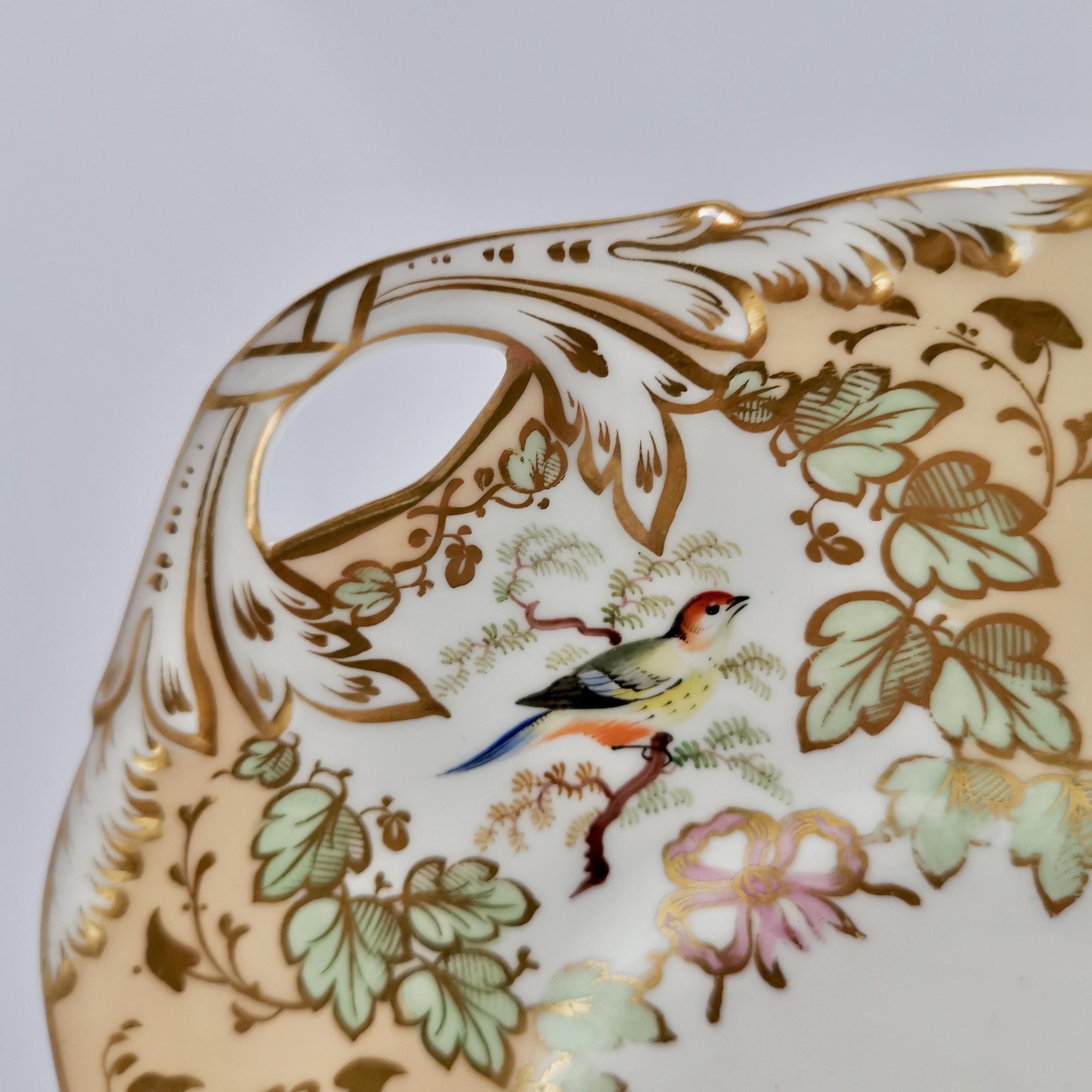 English Samuel Alcock Porcelain Cake Plate, Peach Ground with Fine Birds, Victorian 1845