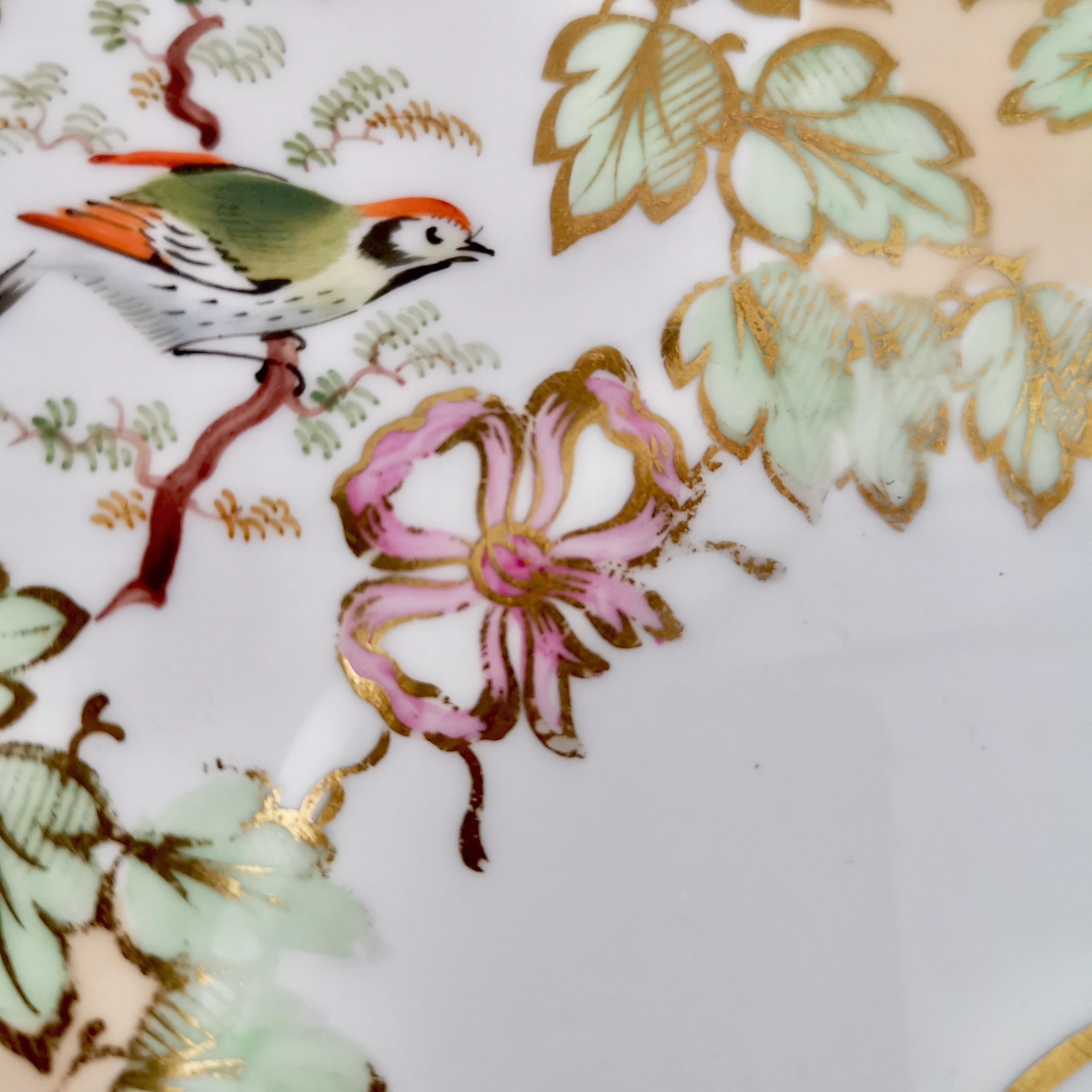 Hand-Painted Samuel Alcock Porcelain Cake Plate, Peach Ground with Fine Birds, Victorian 1845