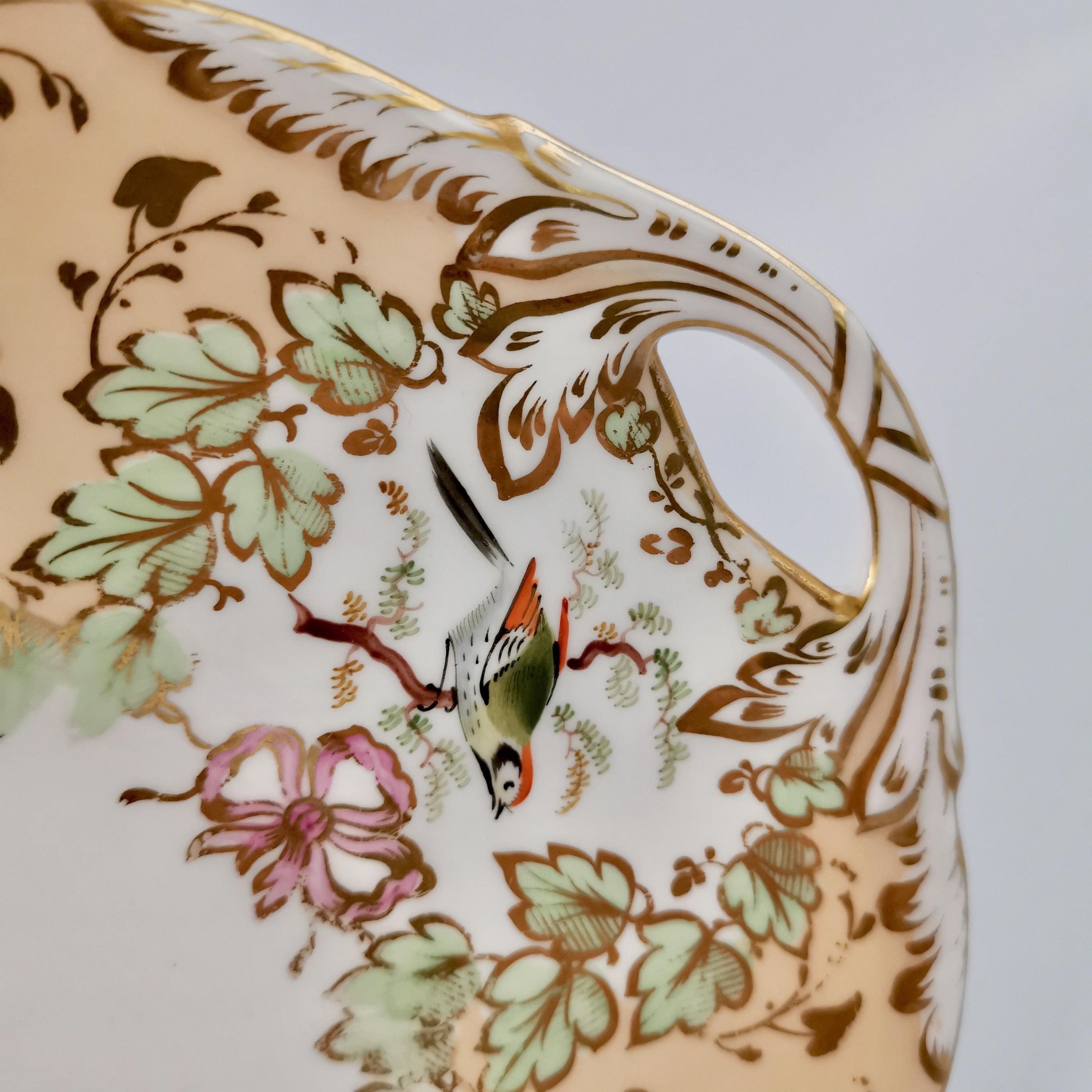 Samuel Alcock Porcelain Cake Plate, Peach Ground with Fine Birds, Victorian 1845 In Good Condition In London, GB