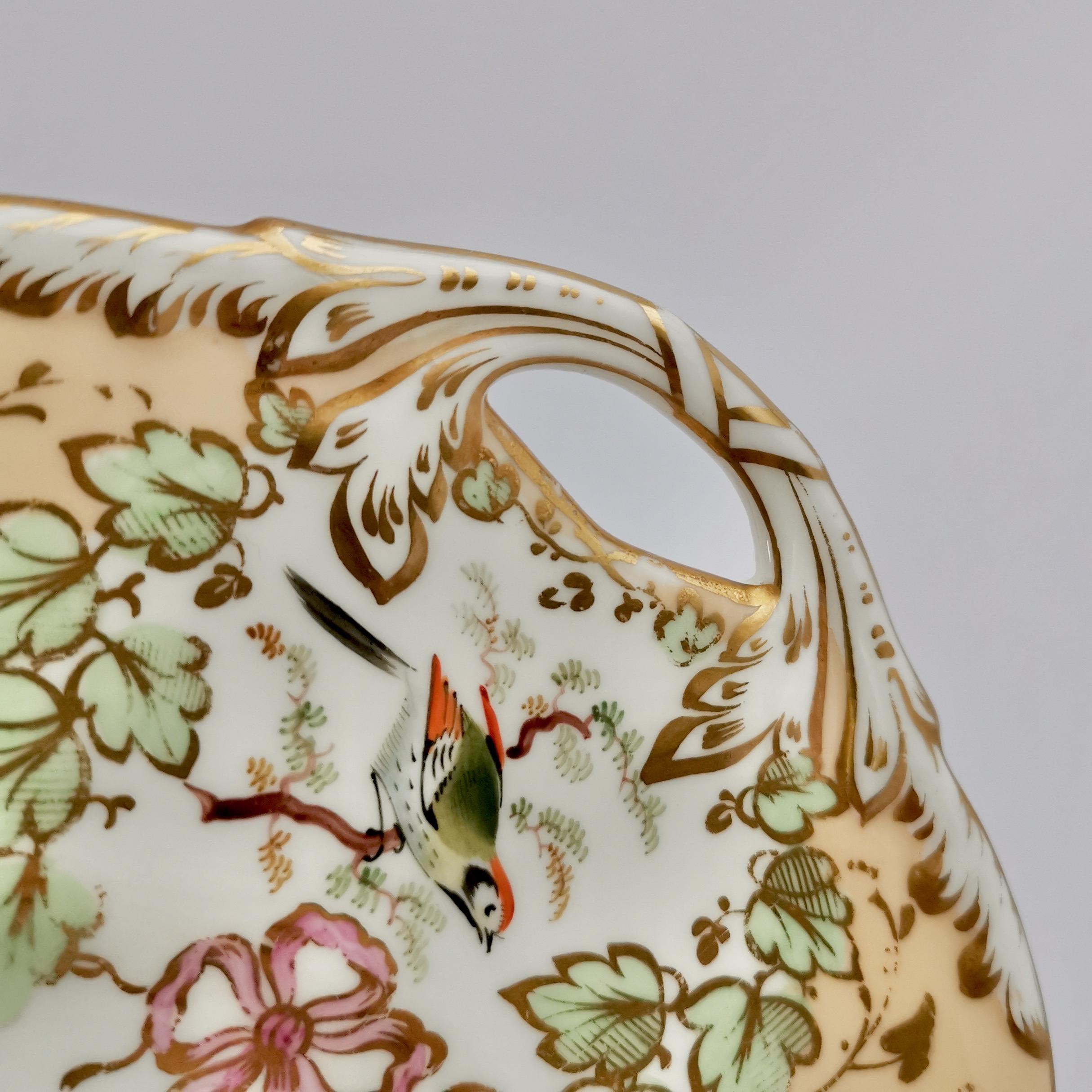 Samuel Alcock Porcelain Cake Plate, Peach Ground with Fine Birds, Victorian 1845 1