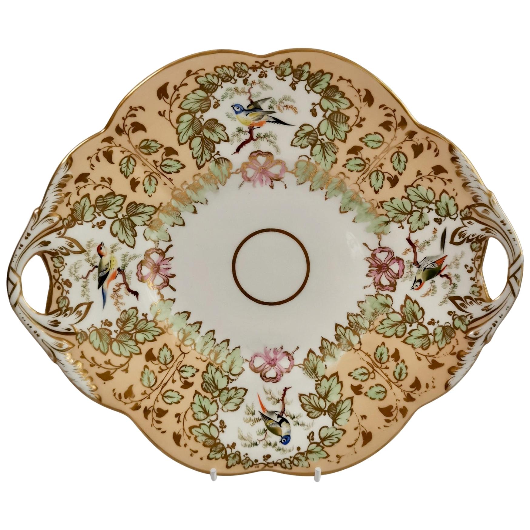 Samuel Alcock Porcelain Cake Plate, Peach Ground with Fine Birds, Victorian 1845