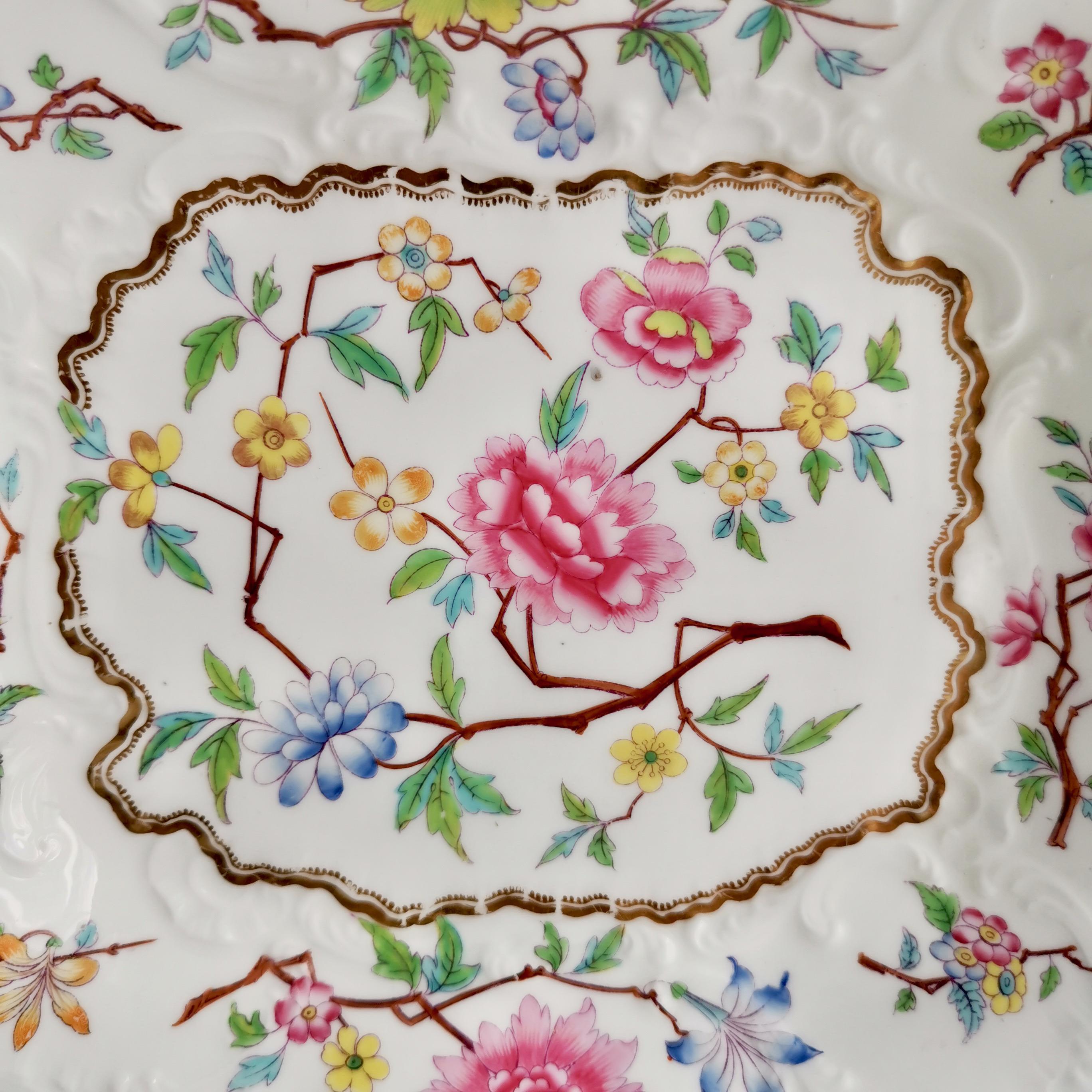 English Samuel Alcock Porcelain Dish, Chinoiserie Flowers, Rococo Revival ca 1828