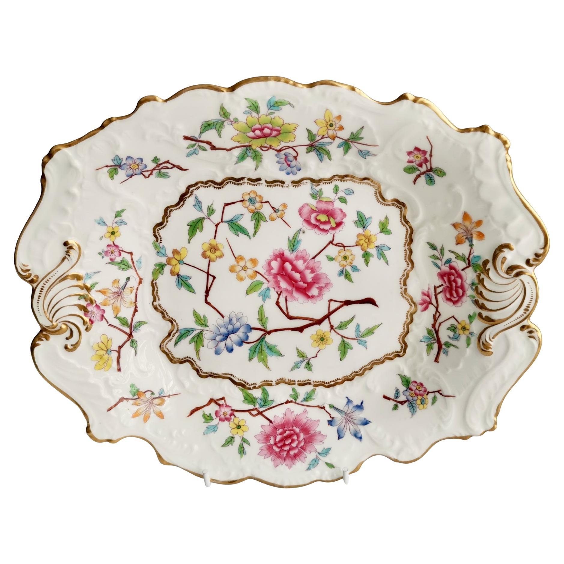 Samuel Alcock Porcelain Dish, Chinoiserie Flowers, Rococo Revival ca 1828