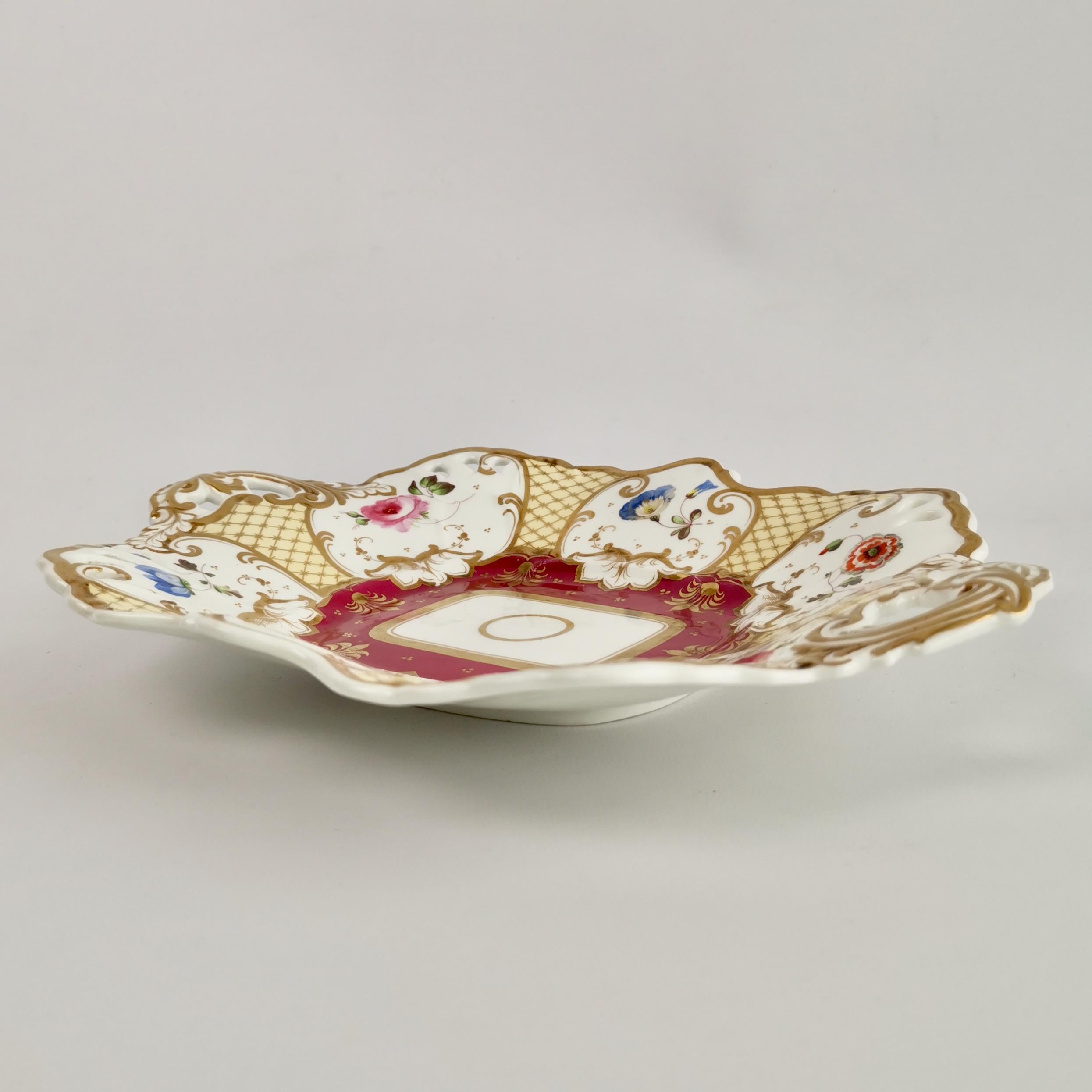 Samuel Alcock Porcelain Dish, Maroon, Gilt and Flowers, Rococo Revival, ca 1835 8